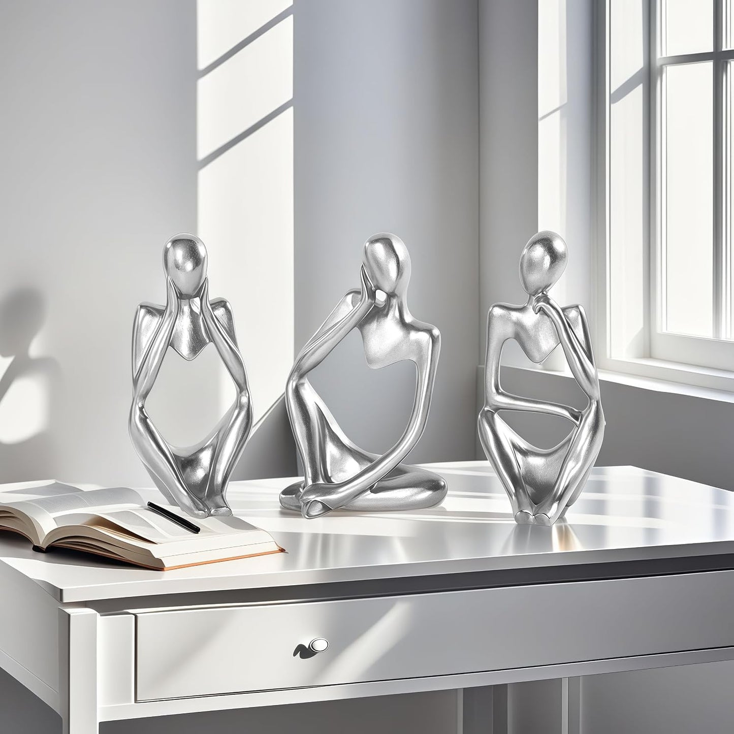 Thinker Statue Home Decor-Bookshelf & Living Room&Mantel-Collectible Figurines / Silver / Set of 3