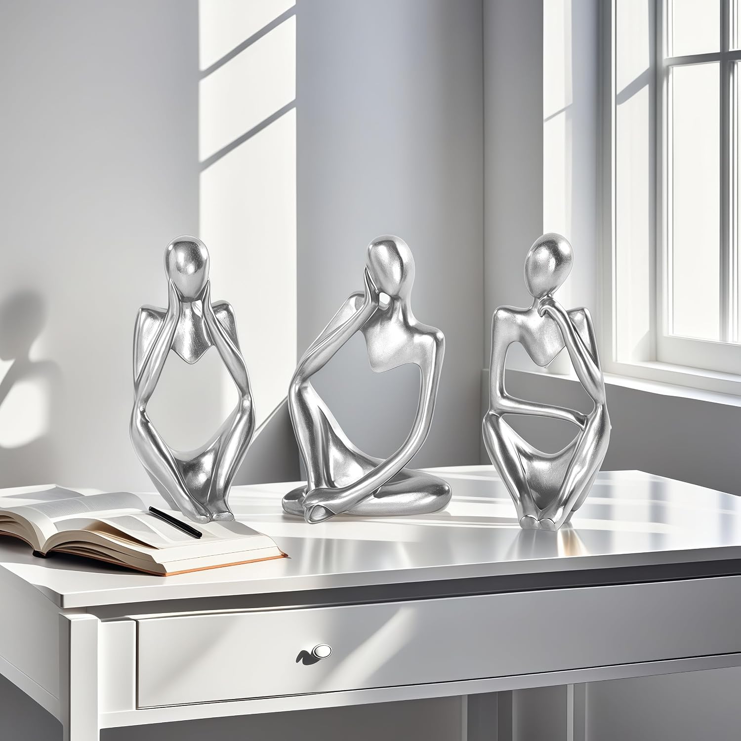 Thinker Statue Home Decor-Bookshelf & Living Room&Mantel-Collectible Figurines / Silver / Set of 3