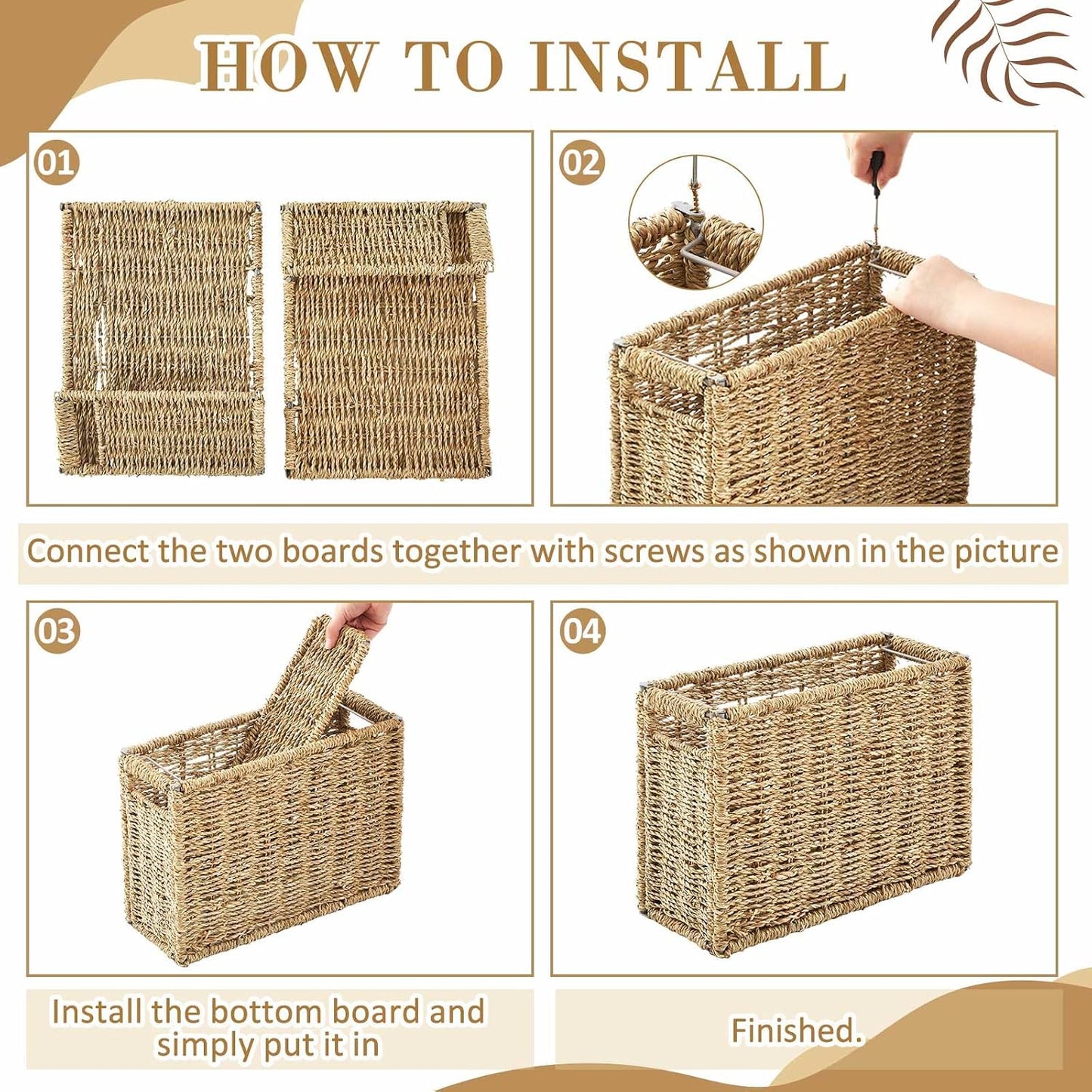 Hanging File Box Decorative File Basket Woven Document Organizer / Seagrass / 14.5 x 6 x 10.8