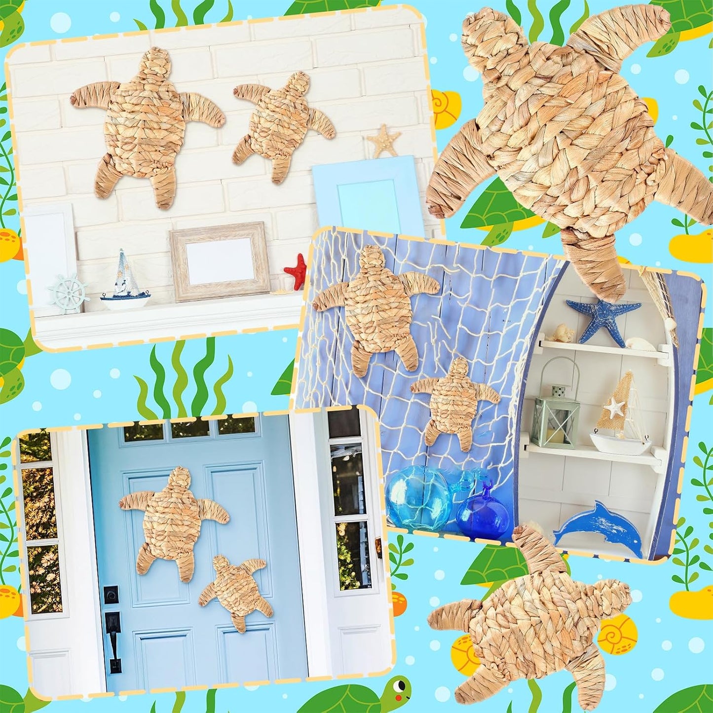 Sea Turtle Beach Theme Decor 2 Size Handmade Wicker Turtle Wall Decor Sea Life Hanging / Set of 2