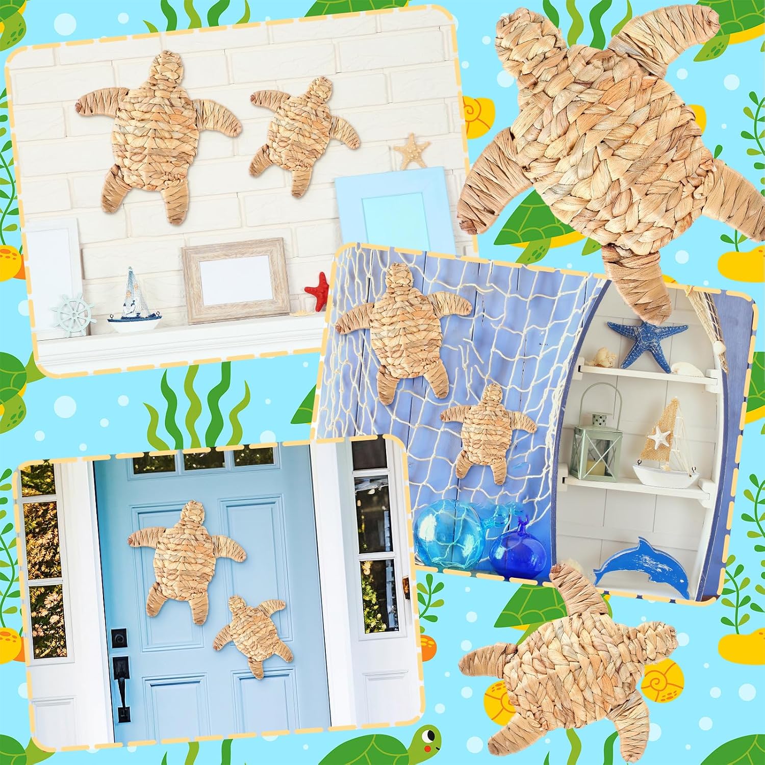 Sea Turtle Beach Theme Decor 2 Size Handmade Wicker Turtle Wall Decor Sea Life Hanging / Set of 2