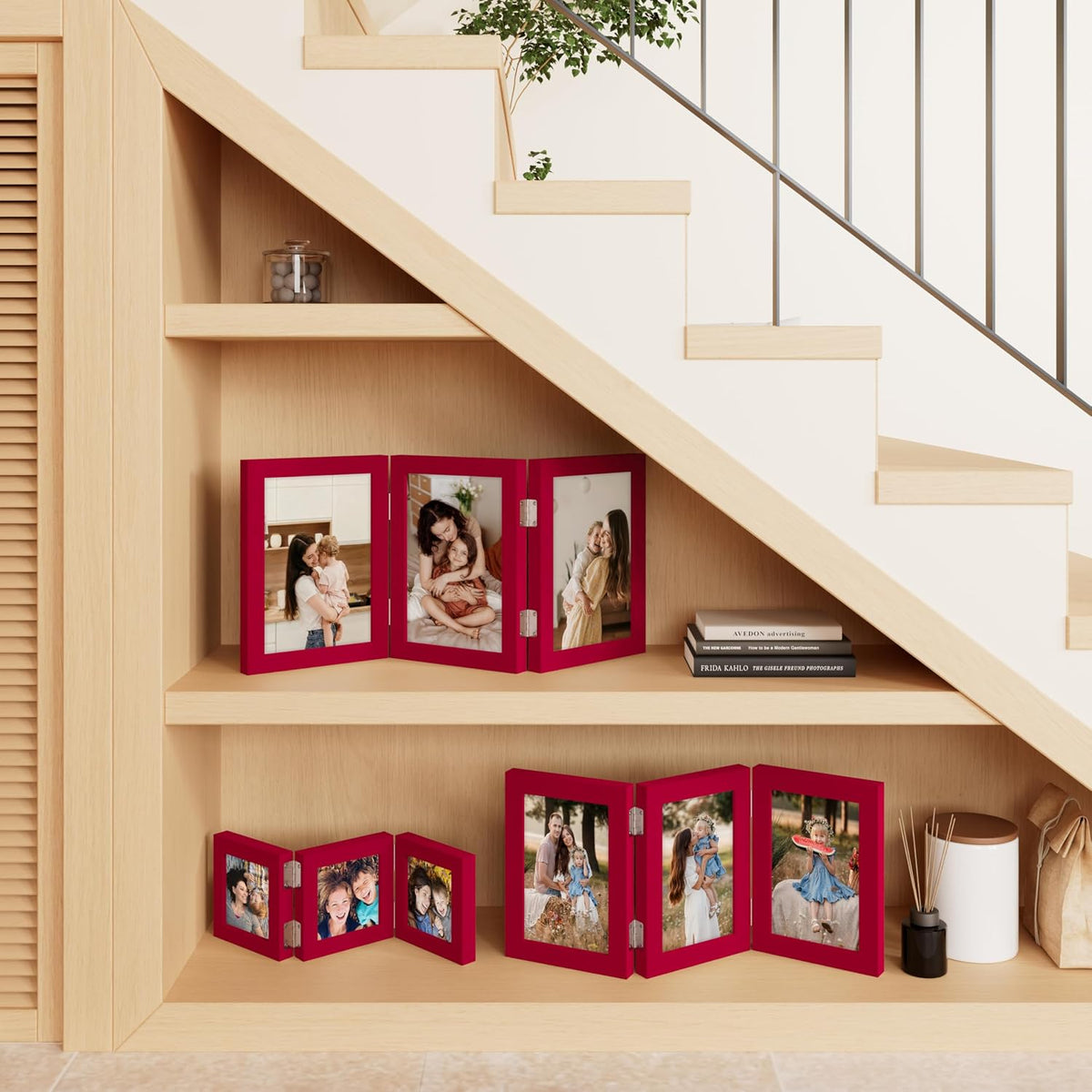 decorUhome Red Triple 7x5 Picture Frame Horizontal, MDRD08 | "Z" Shape Folding Design Engineered Wood Trifold Photo