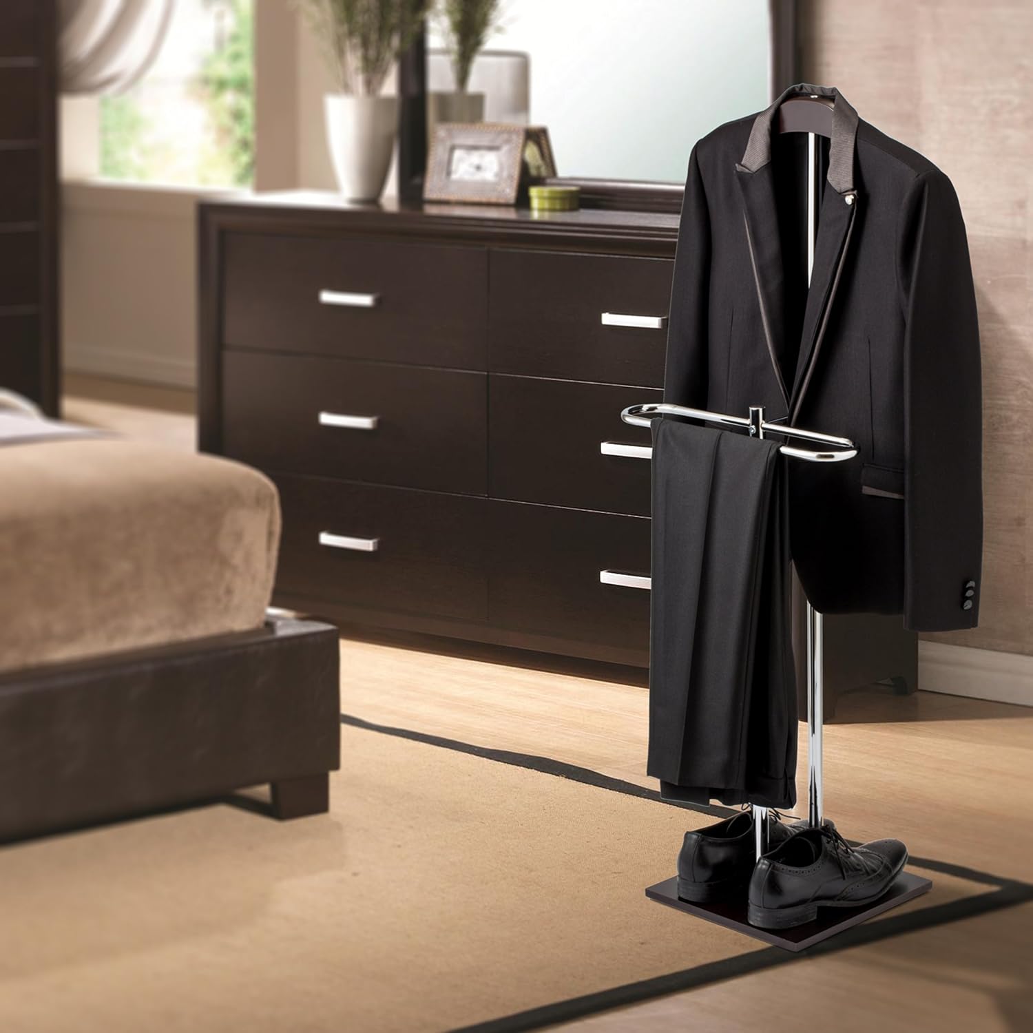 MyGift Brown Wood Metal Valet Suit Stand Garment Organizer Rack | Executive Style Organizer, Wood Metal Design, Coat