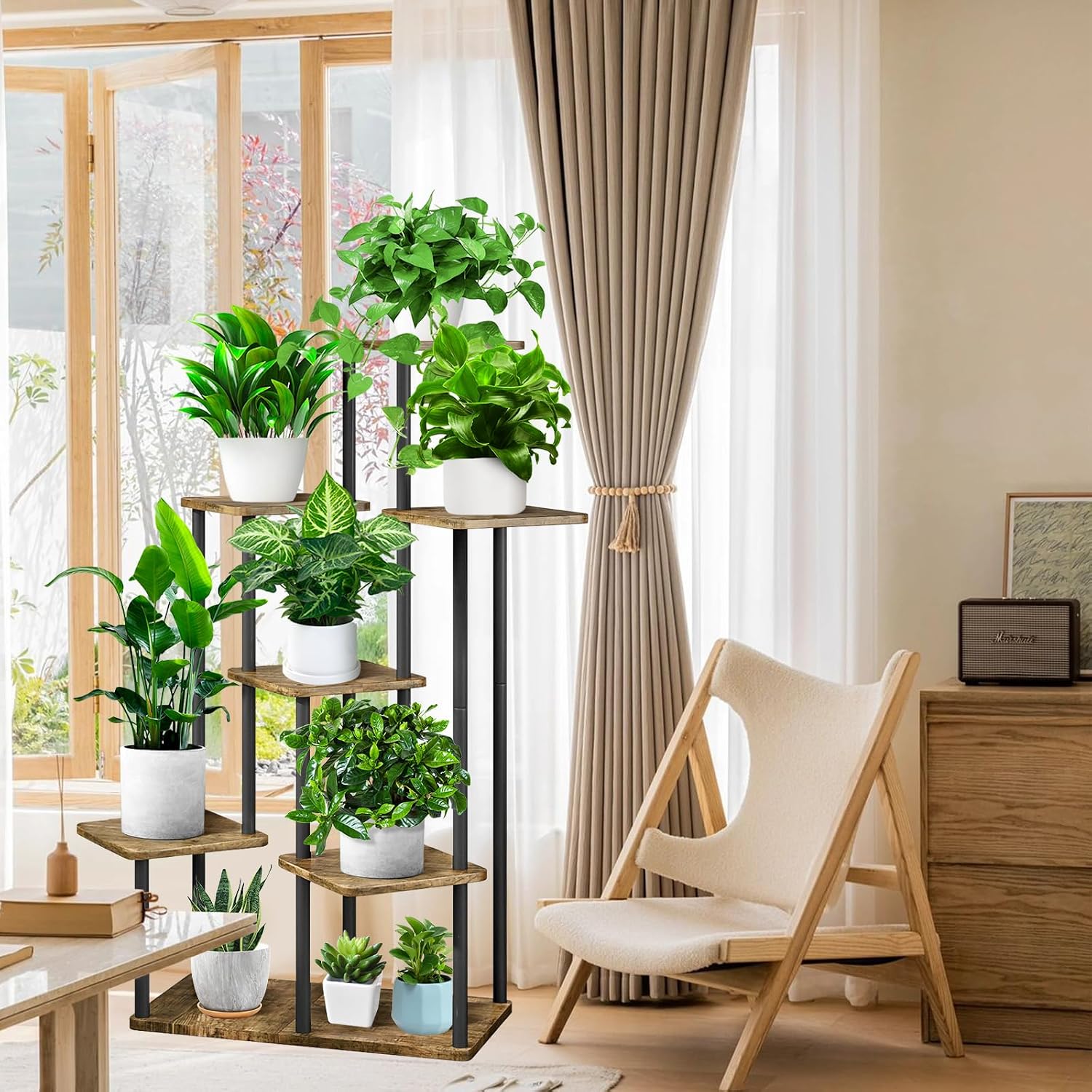 7 Tier Plant Stand Indoor, Thickened Metal Wood Corner Plant Shelf Stands for Multiple Plants, Indoor Tall Plants Stand