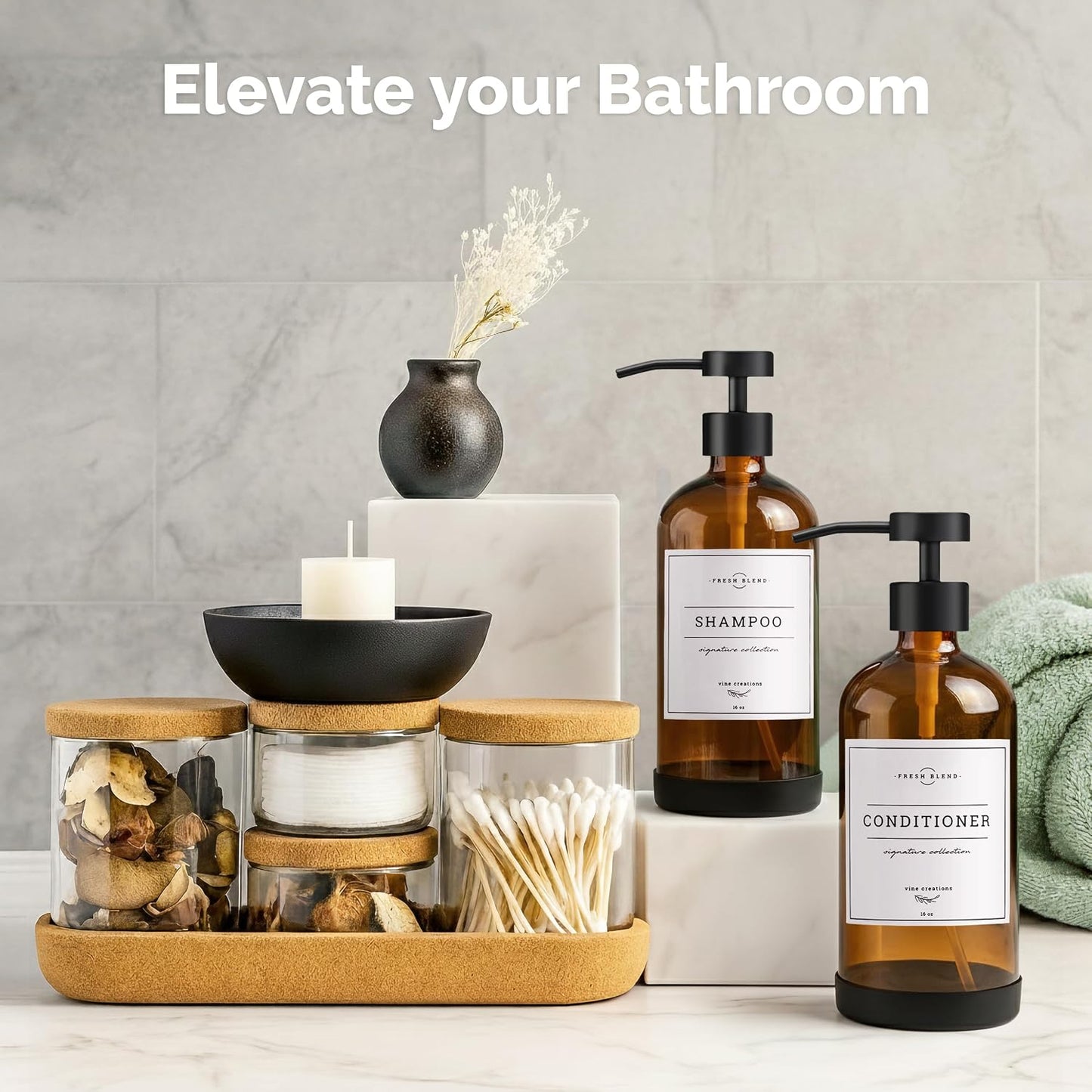 Vine Creations Amber Glass Soap Dispenser Set - Kitchen Soap Dispenser Set with Stainless Steel Pump - 16 oz Dish Soap