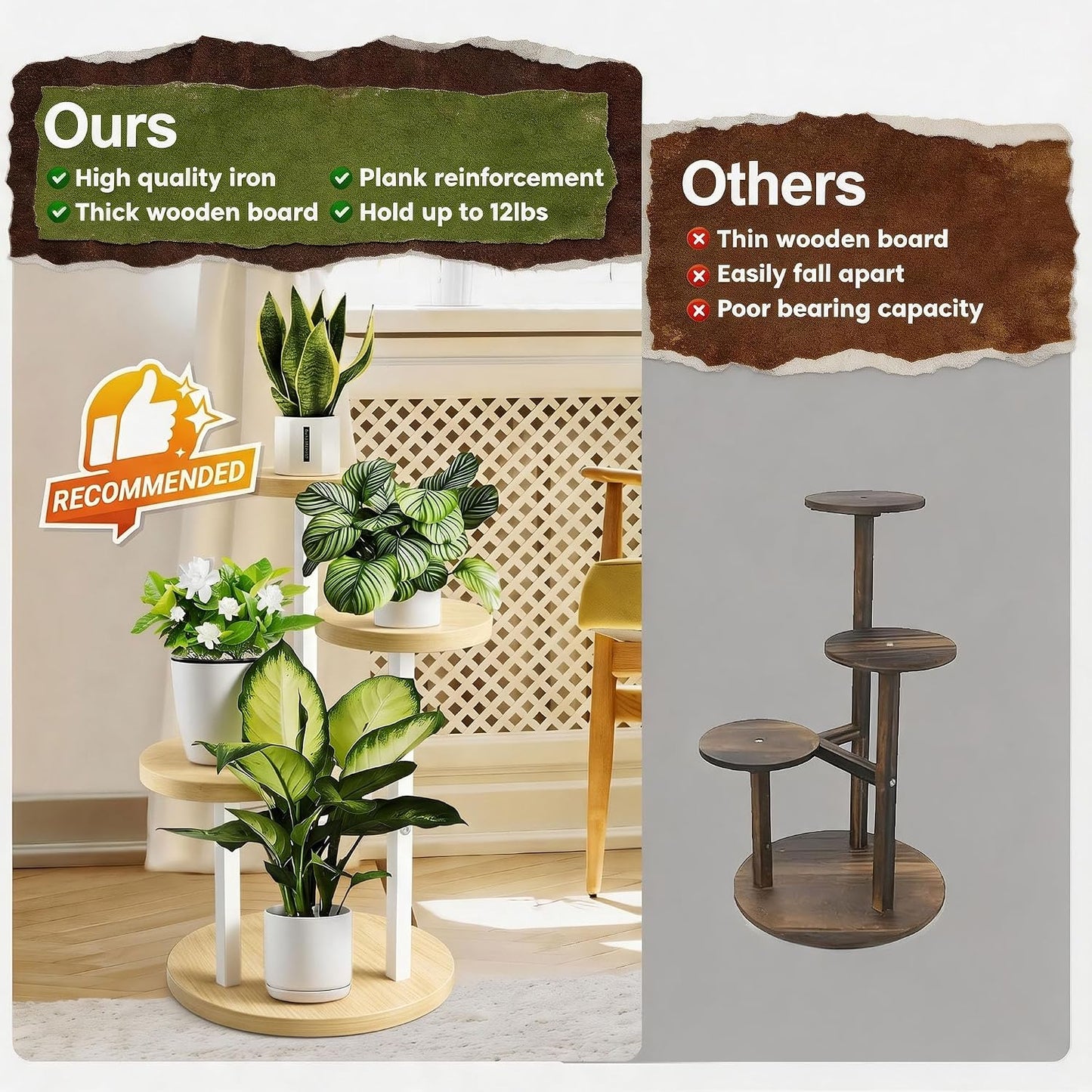 3 Tier Plant Stand Indoor, Metal Wood Plant Stands For Indoor Plants Multiple, Corner Tiered Flower Plants Shelf Stand