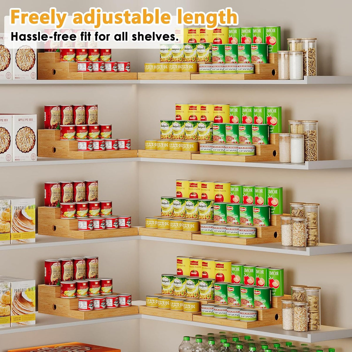 2-Pack Expandable Bamboo Can Organizer for Pantry Display, Holds 48 Cans | 3-Tier Adjustable Can Storage Holder, Soda &