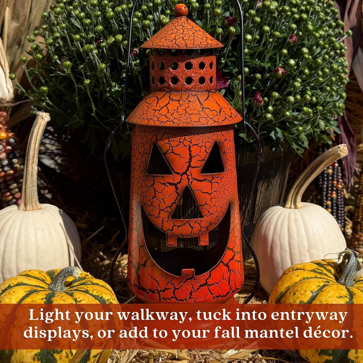 Clovers Garden Halloween Pumpkin Rustic Lantern with Handle, 11.5" Tall Metal Jack O Lantern Fall Decoration, Standing