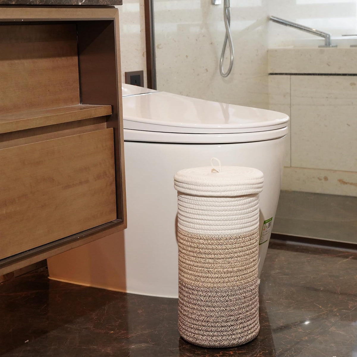 Toilet Paper Holder Handmade – Woven Cotton Toilet Paper Stand & Storage Basket with Lid, Freestanding Organizer for