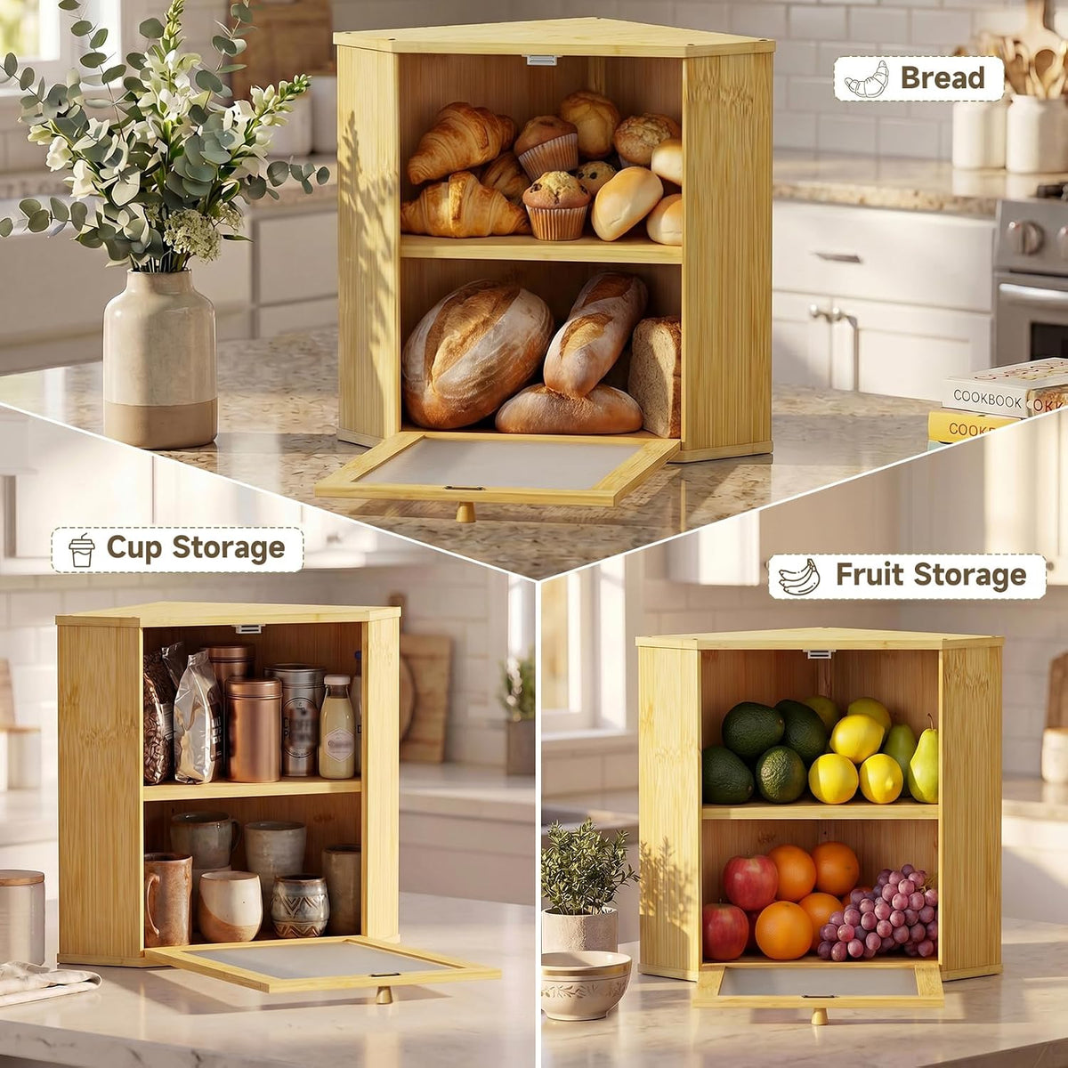 Bread Box for Kitchen Corner Countertop,Large Bread Basket(Natural,X-Large) | Double Layer Bamboo Bread Storage
