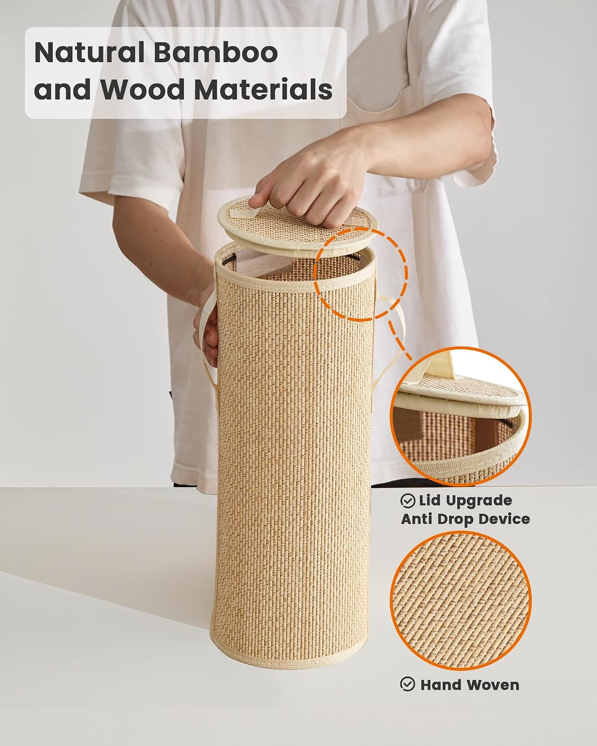 Bamboo Toilet Paper Storage Basket with Lid & Handle - 10L Handwoven Bathroom Organizer for 4 Rolls - Sturdy Stand