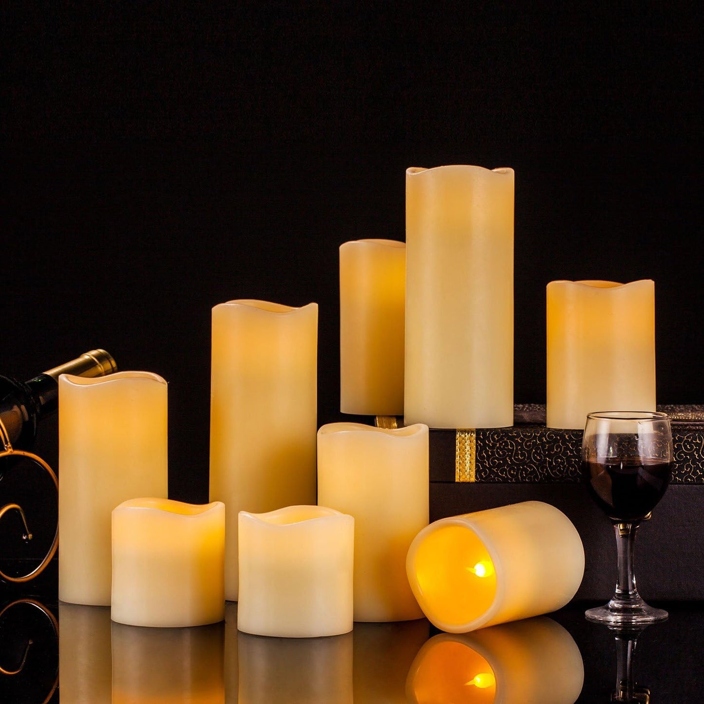 RY King Large Flameless Candle Set of 9 (D 3" x H 3", 3", 4", 4", 5", 5", 6", 7", 8") Battery Operated LED Pillar Real