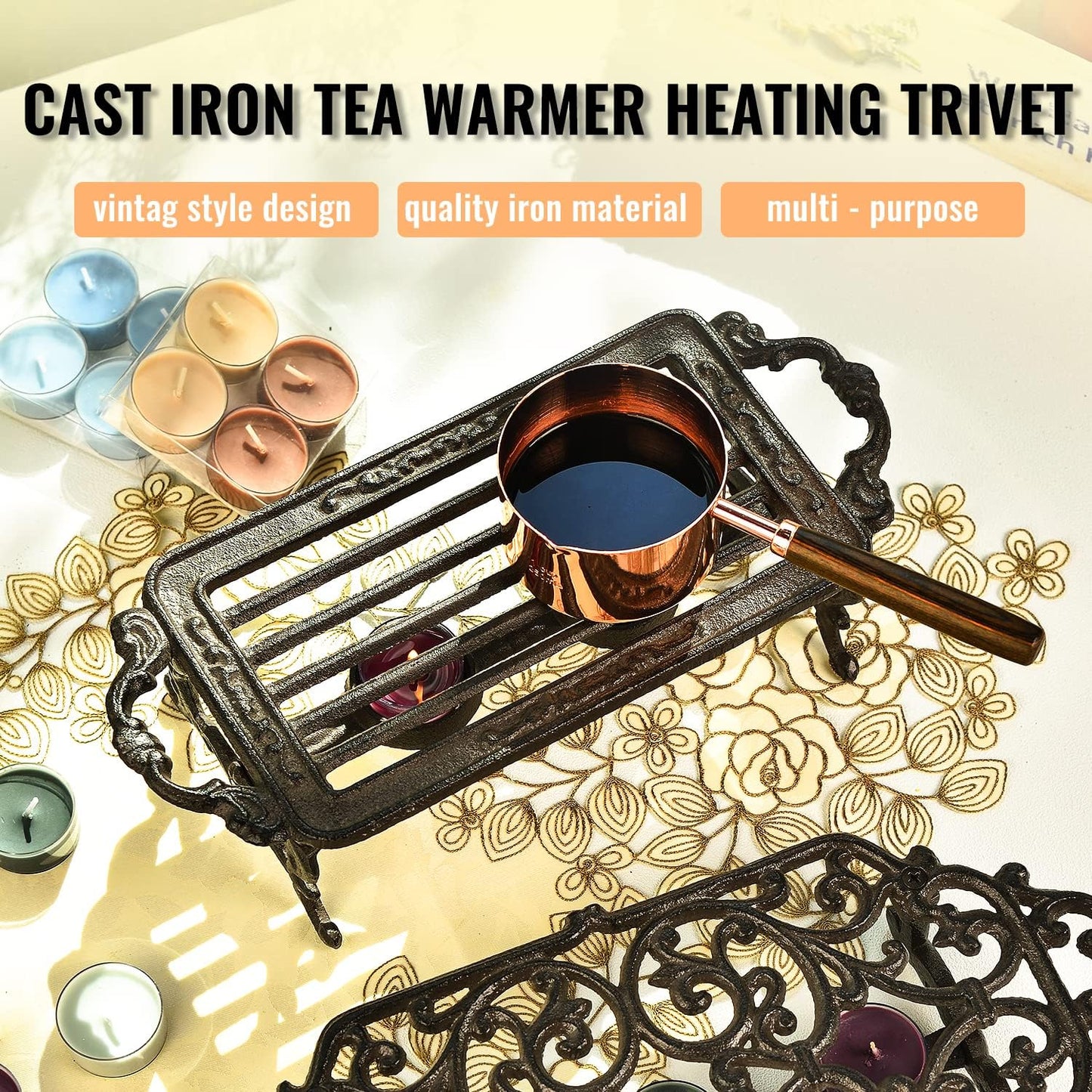 Sungmor Heavy Duty Cast Iron Teapot Dish Warmer Stable Holder for Tealight Stand | Tealight Warmer Decorative Stove for