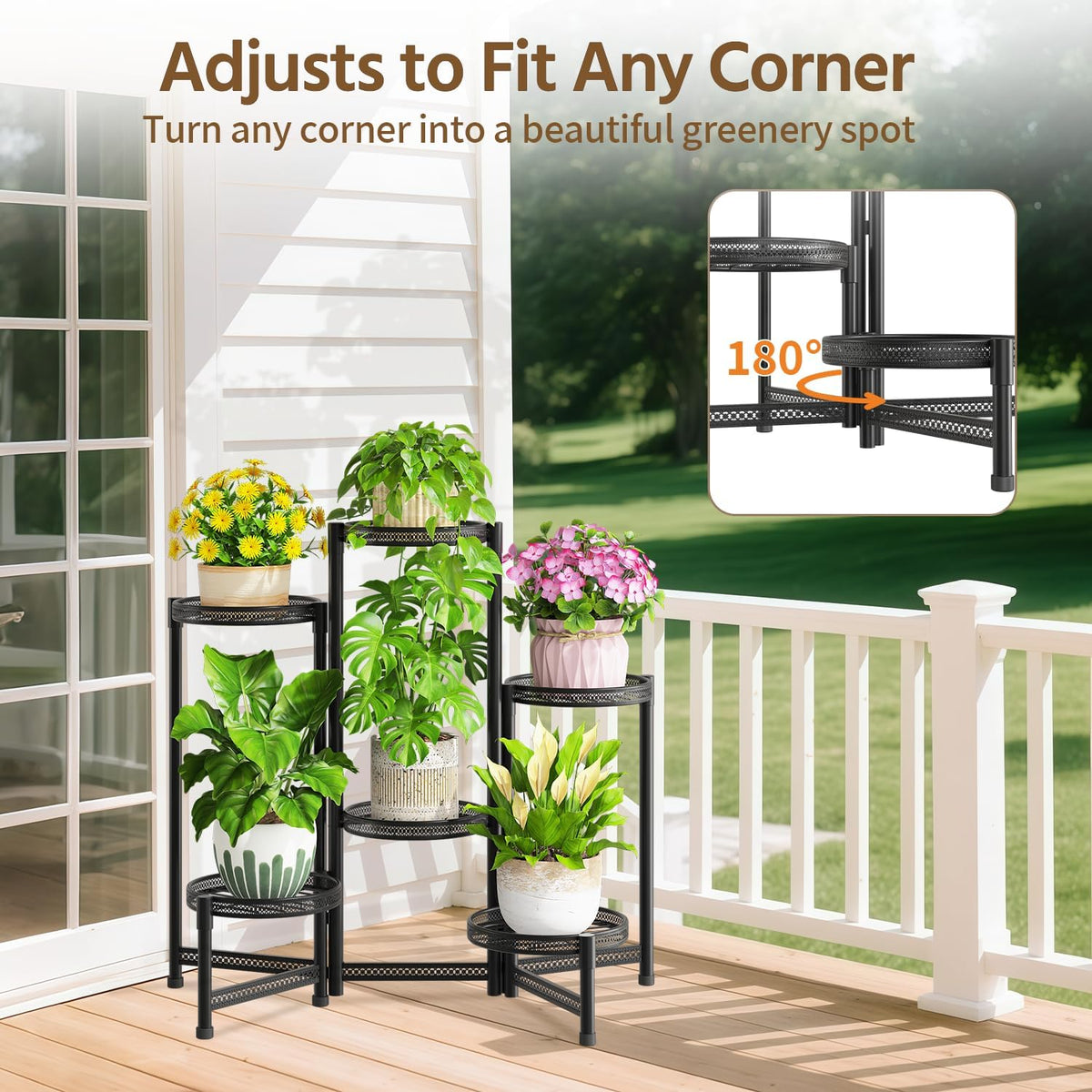 LASZOLA Plant Stand Indoor Outdoor Tall with 10 Inch Larger Tray, Black | 5 Tier Heavy Duty Metal Adjustable Multiple