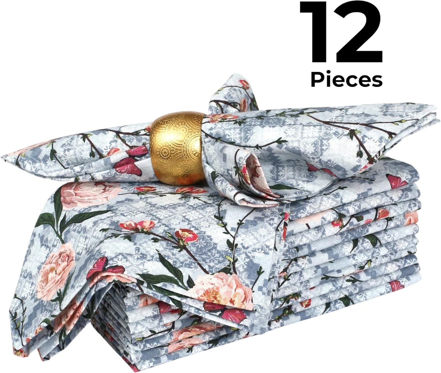 Bedding Craft Cotton Cloth Dinner Napkins Set of 12 – 18x18 Birds Print Design with 1" Fold – Reusable Machine Washable