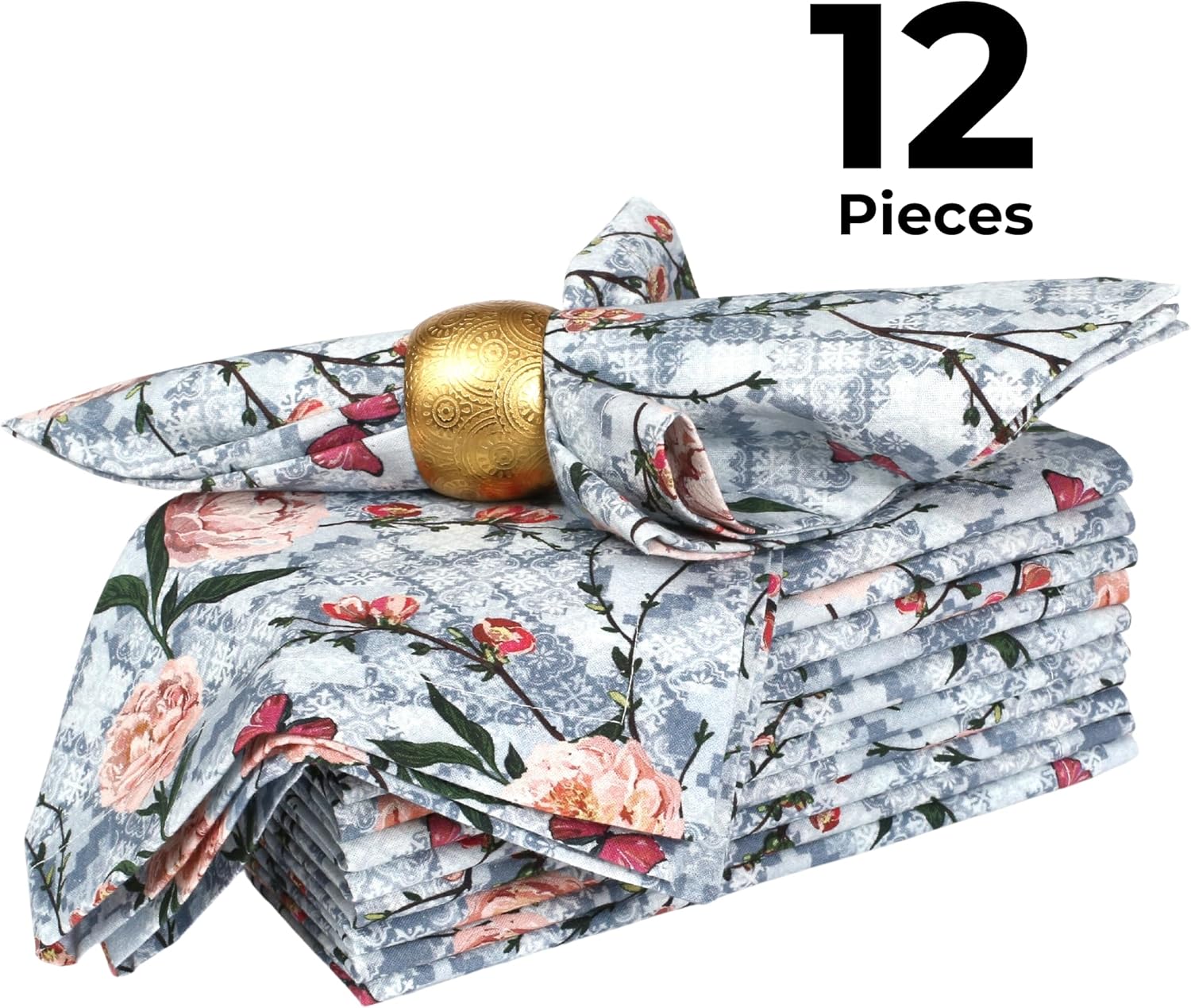 Bedding Craft Cotton Cloth Dinner Napkins Set of 12 – 18x18 Birds Print Design with 1" Fold – Reusable Machine Washable