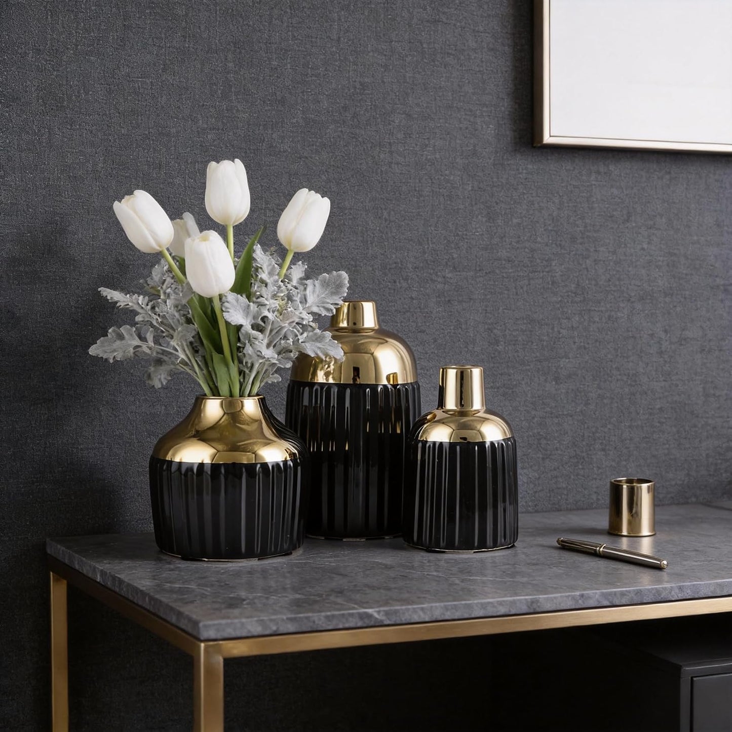 Gold Ceramic Vase 3-Piece Set / Bg / Black