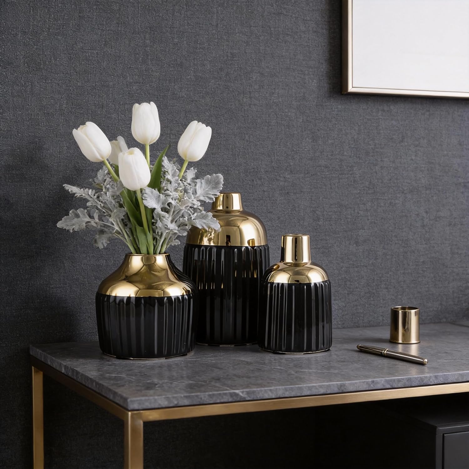 Gold Ceramic Vase 3-Piece Set / Bg / Black