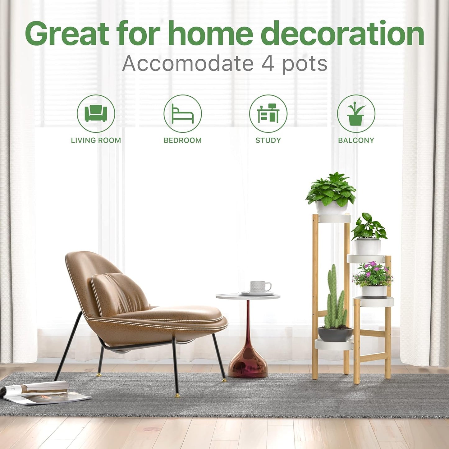 Wisuce Bamboo Plant Stands Indoor, 4 Tier Tall Corner Plant Stand Holder & Plant Display Rack for Outdoor Garden Indoor