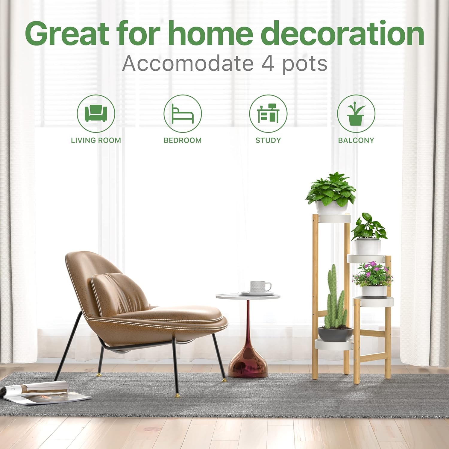 Wisuce Bamboo Plant Stands Indoor, 4 Tier Tall Corner Plant Stand Holder & Plant Display Rack for Outdoor Garden Indoor