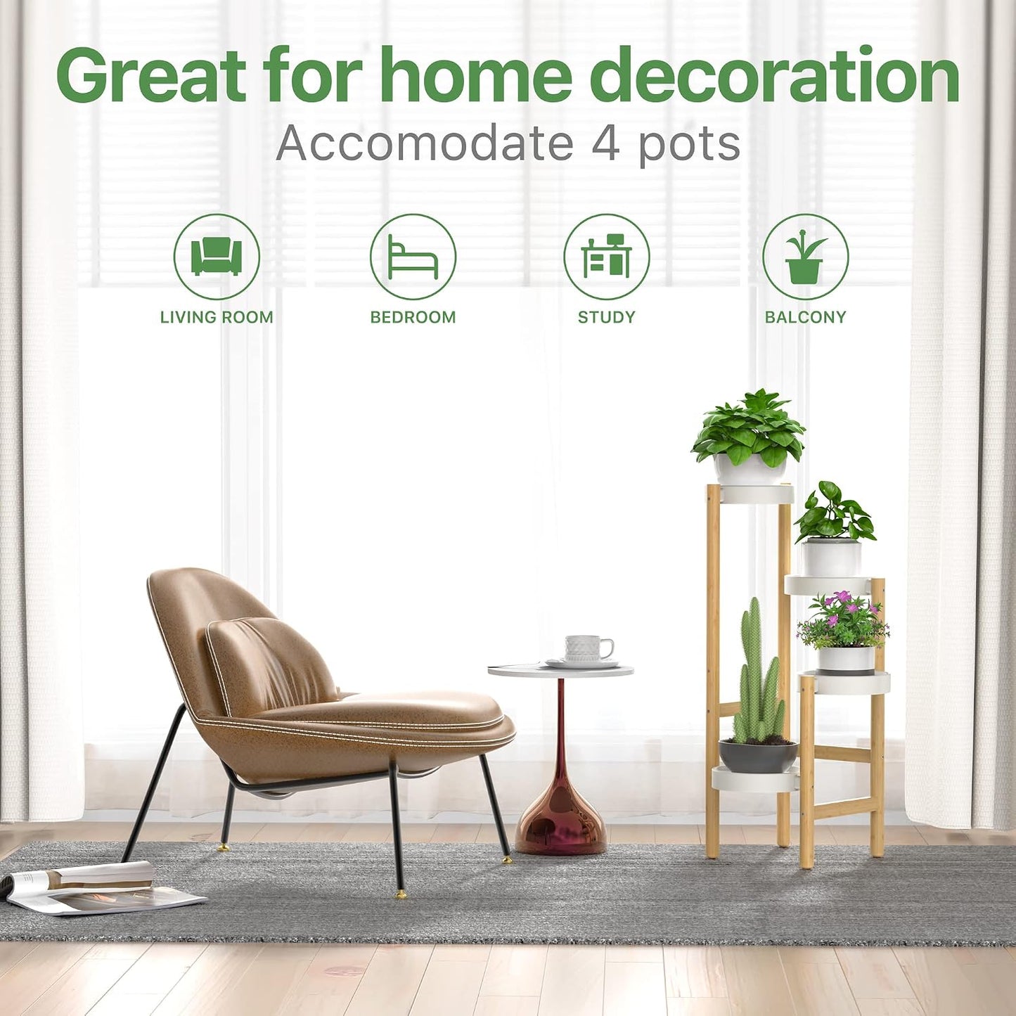Wisuce Bamboo Plant Stand Indoor, 4 Tier Tall Corner Plant Shelf Table | Easy-Clean Steel Top | Smooth Bamboo | Narrow