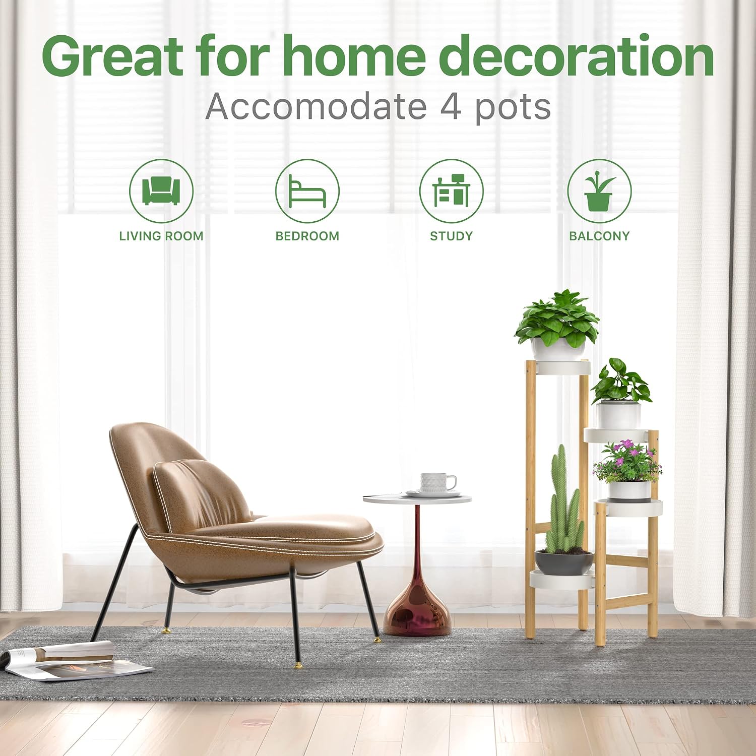 Wisuce Bamboo Plant Stand Indoor, 4 Tier Tall Corner Plant Shelf Table | Easy-Clean Steel Top | Smooth Bamboo | Narrow