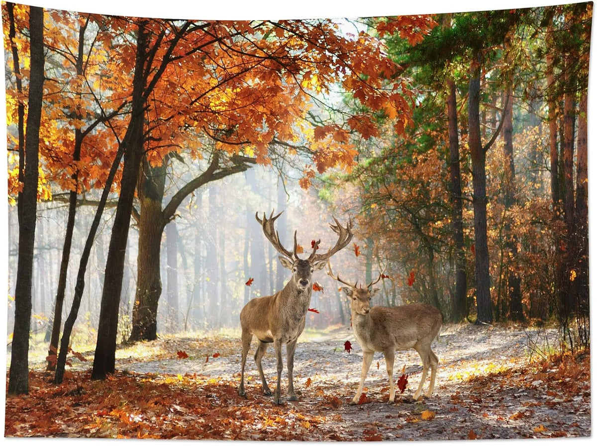 HVEST Fall Tapestry Deer in Orange Maple Tree Forest Wall Art for Bedroom Autumn Nature Landscape Wall Hanging Blanket Holiday Tapestry for Living Room Dorm Wall Decor, 80W X 60L inches