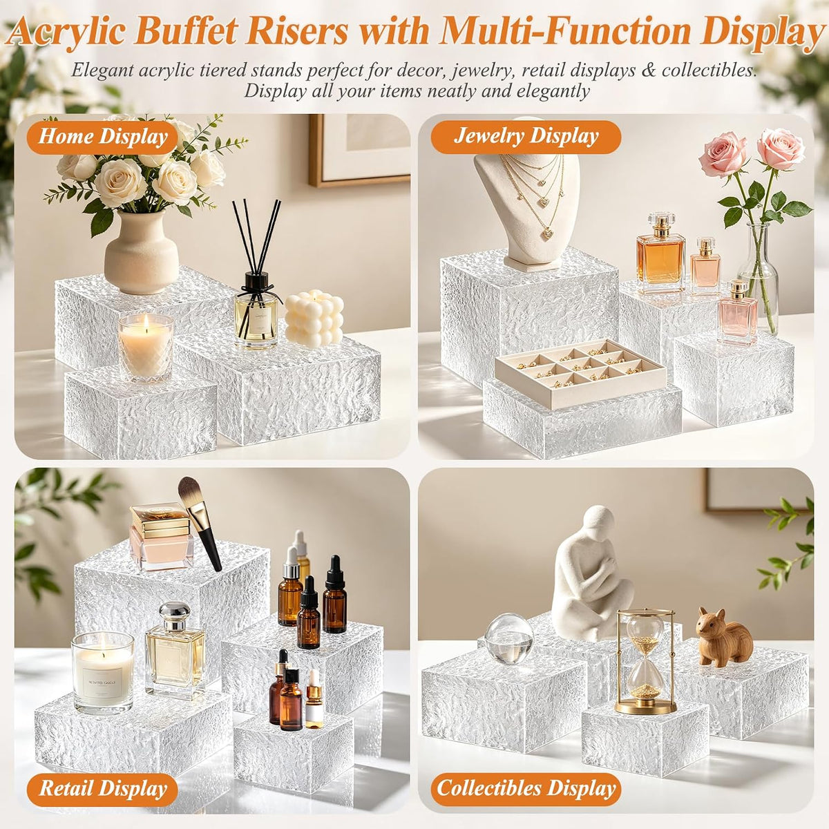Acrylic Buffet Risers with Mini Sign and Maker, Clear Hammered Water Ripple Dessert Display Stands for Catering Cakes