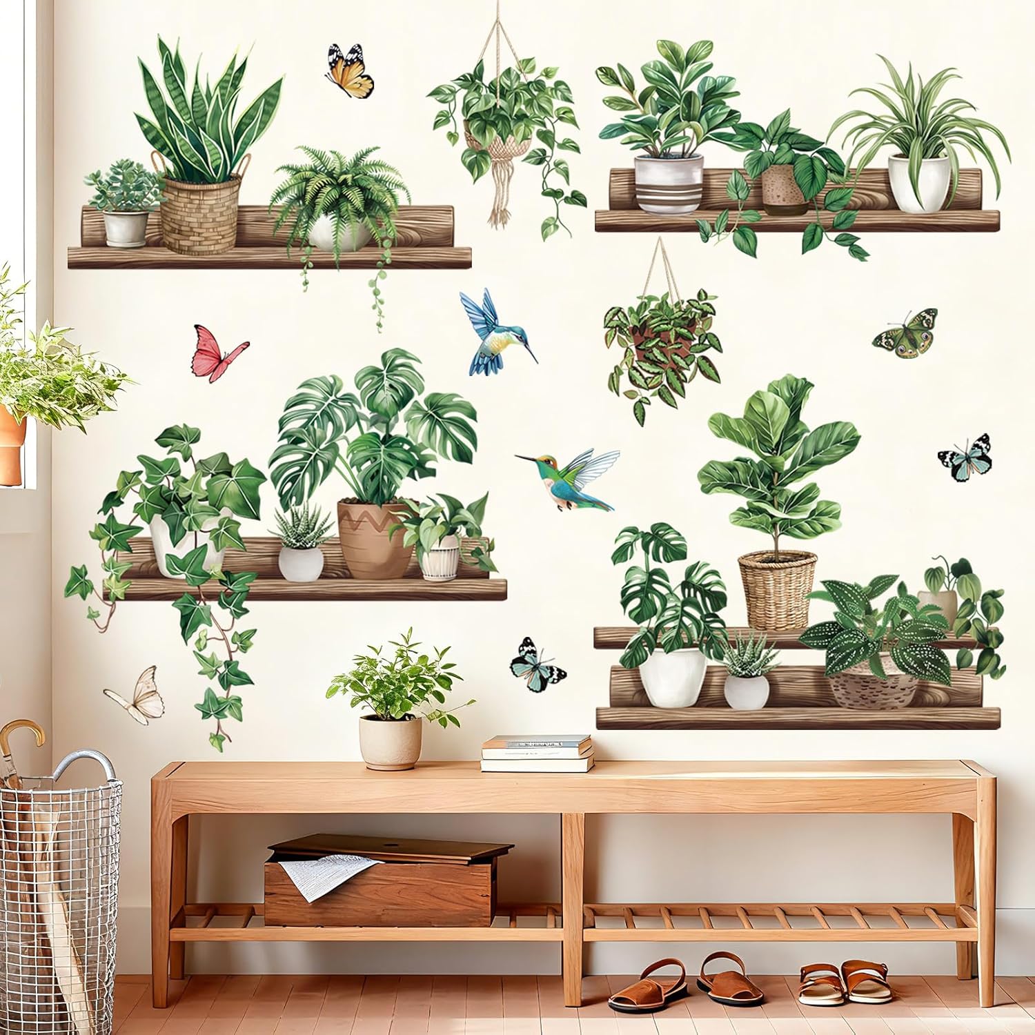 Pot Plants Wall Stickers Leaves Potted Plant Butterfly Bird Peel and Stick Wall Art Decals / Green