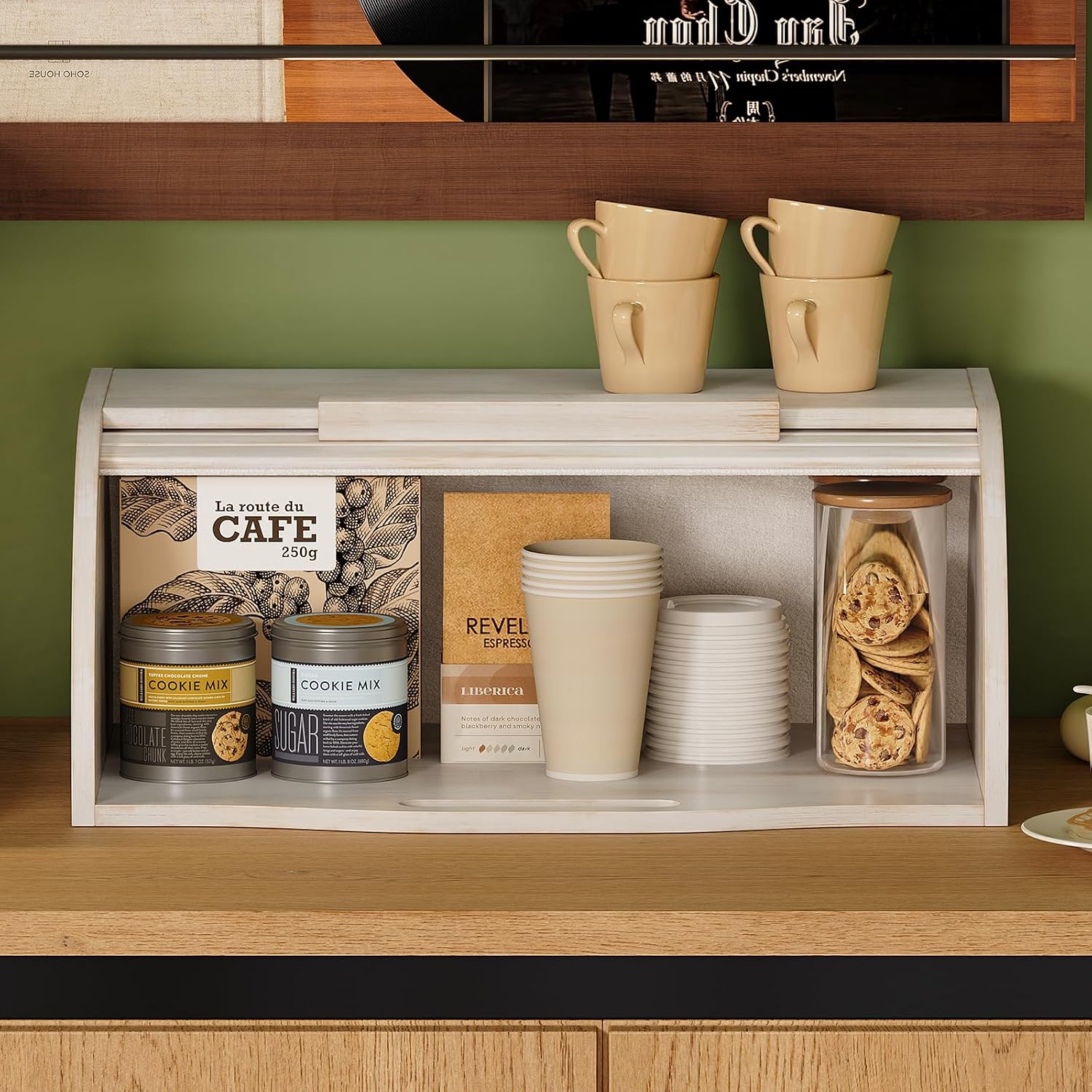 Trironsun Bamboo Roll Top Bread Box for Kitchen Countertop Large Capacity Bread Storage Bin Wooden Bread Storage