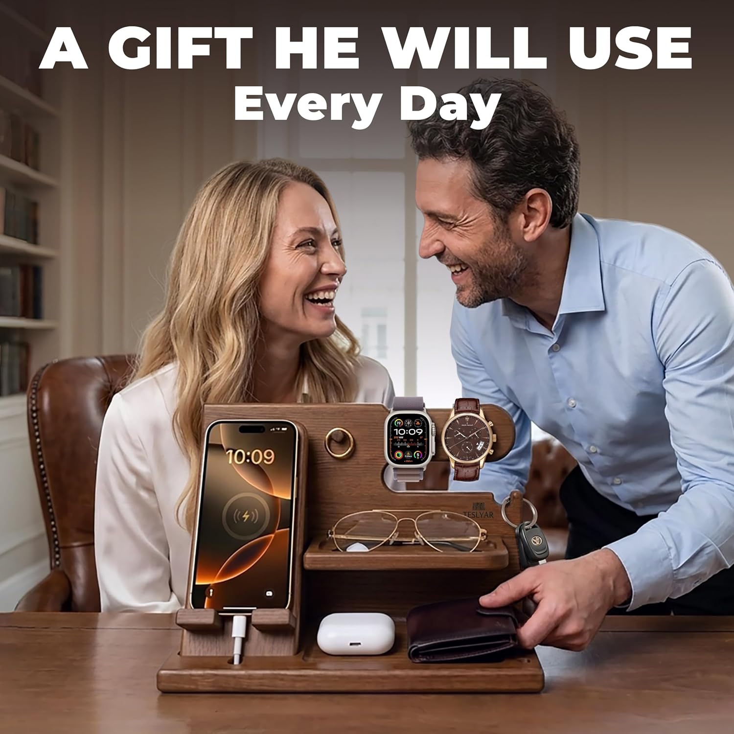 TESLYAR Wood Phone Docking Station for Men - Desk or Nightstand Organizer - Birthday Gifts for Husband or Dad