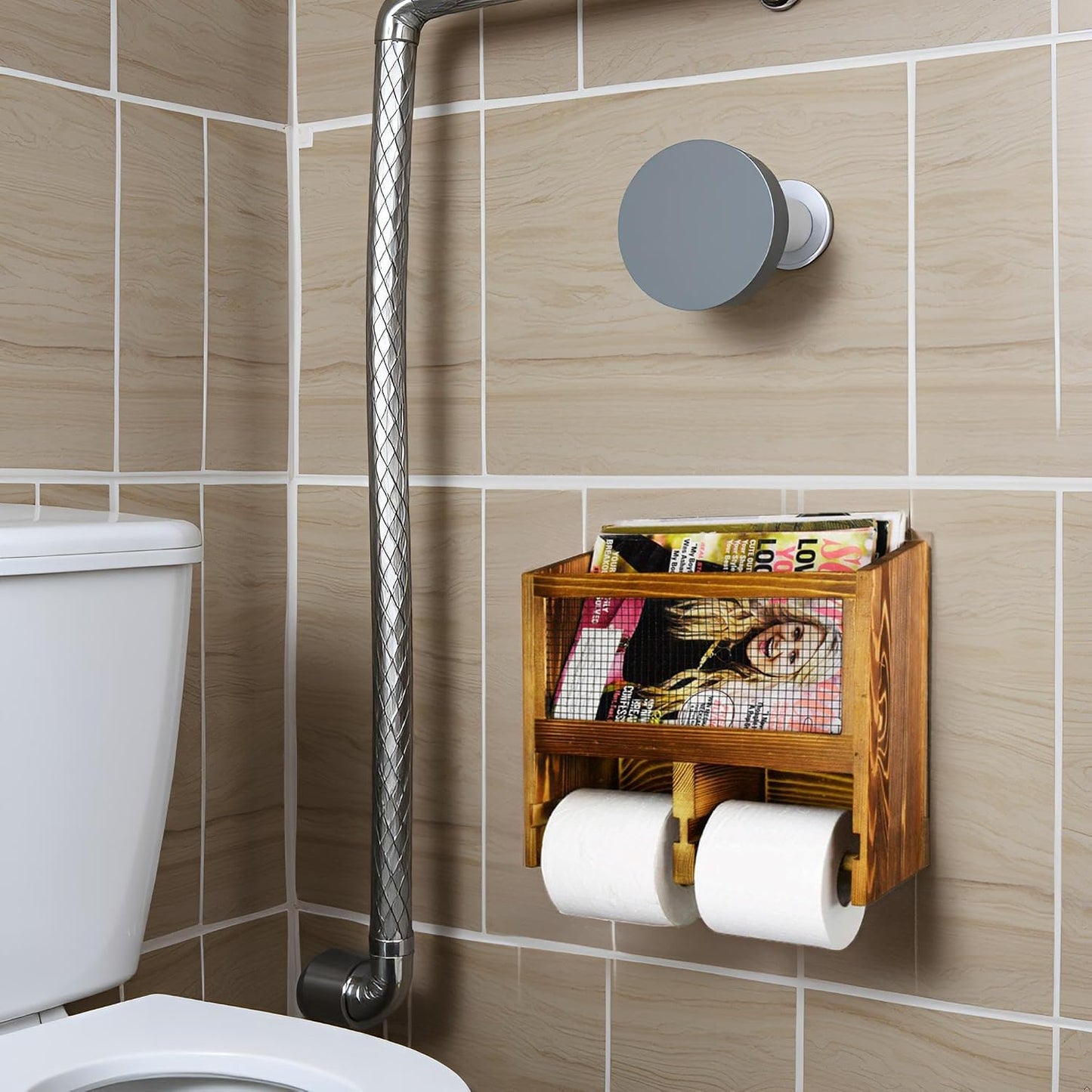 Owlgift Vintage Rustic Burnt Solid Wood & Metal Mesh Wall Mounted Dual Toilet Paper Roll Dispenser & Magazine Holder