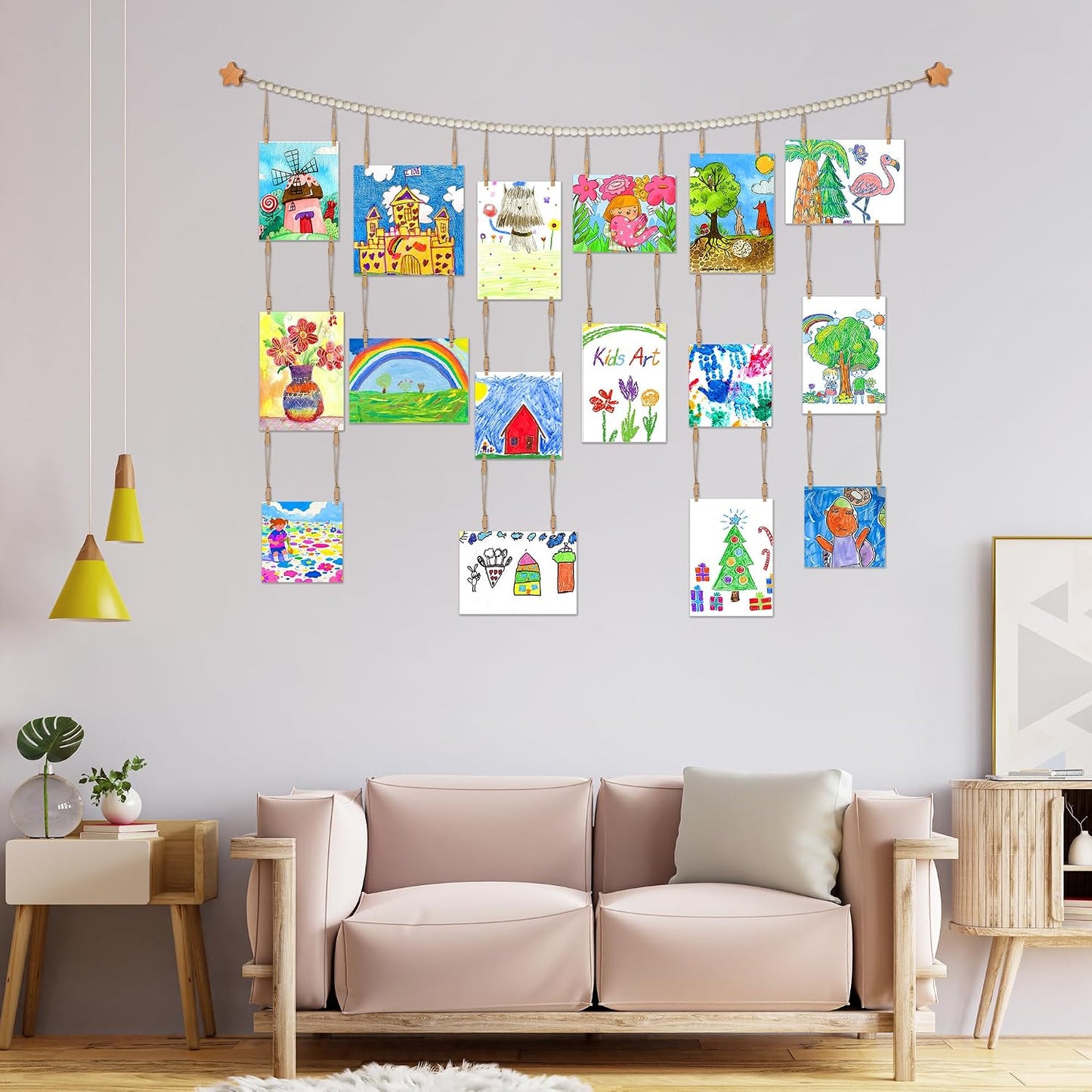 Kids Artwork Display Art Wall Decor Boho Wooden Beaded Garland Collage Holder / Natural / 4.93 Inch