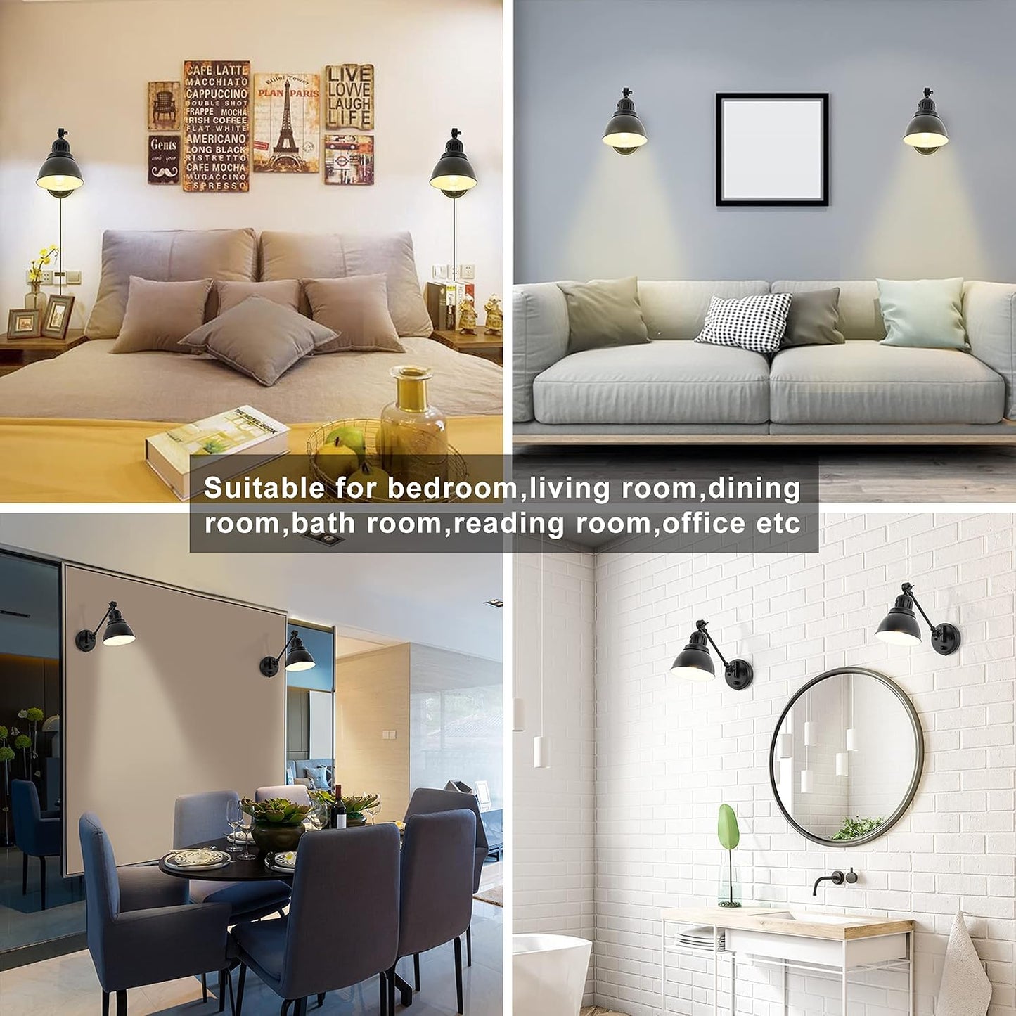 GOODATE Plug in Wall Sconces, Wall Sconce Lighting with Dimmable On Off Switch, Swing Arm Wall Lamp, Black Metal