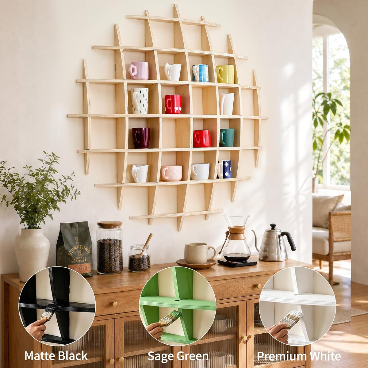 46 x 46 Inch Oversize Wooden Coffee Mug Display Shelf for Wall | Wall-mounted mug holder, floating curio shelf and tea