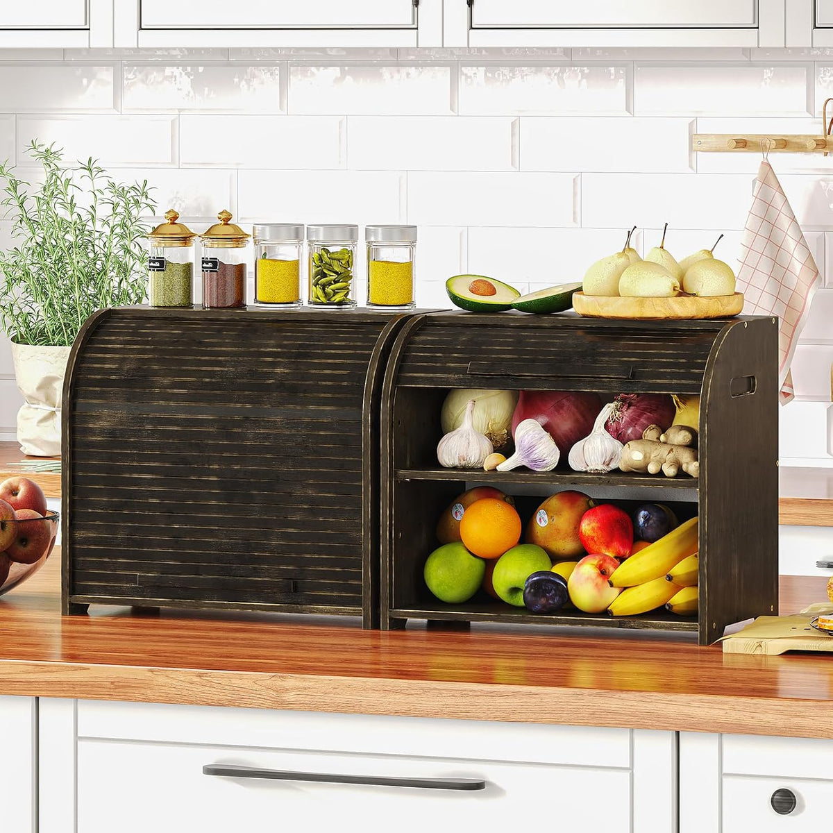 Trironsun Bamboo Roll Top Bread Box for Kitchen Countertop Large Capacity Bread Storage Bin 2 Layer Wooden Bread