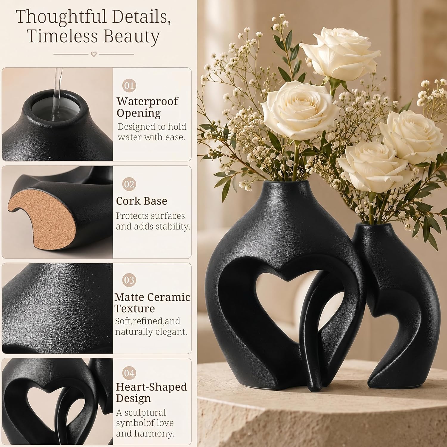 Ceramic Flower Vases Home Decor Heart Shaped Vase Nordic Heart Shaped Vases / Black / Set of 2