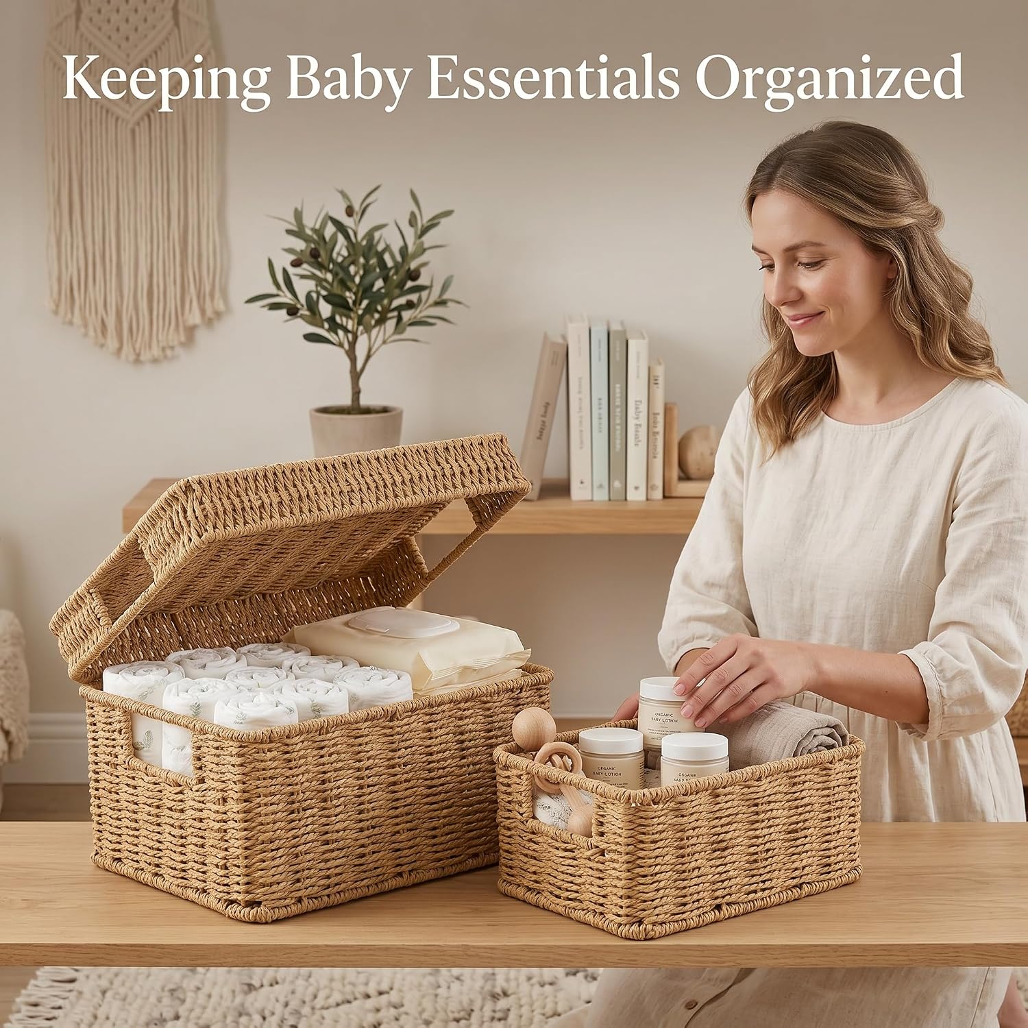 Wicker Storage Basket / Natural / 15 x 12 x 6.8 / 3-piece Mixed Set