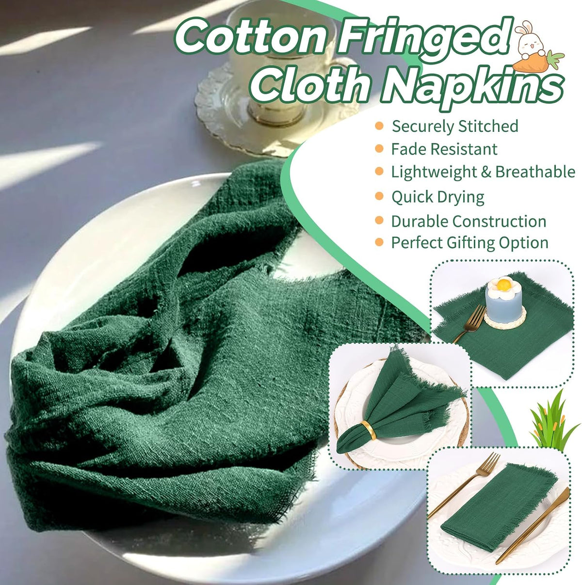 Showgeous 30 Pack Emerald Green Cloth Napkins with Fringe, 16x16 inch | 100% Cotton Green Napkins Handmade Dinner
