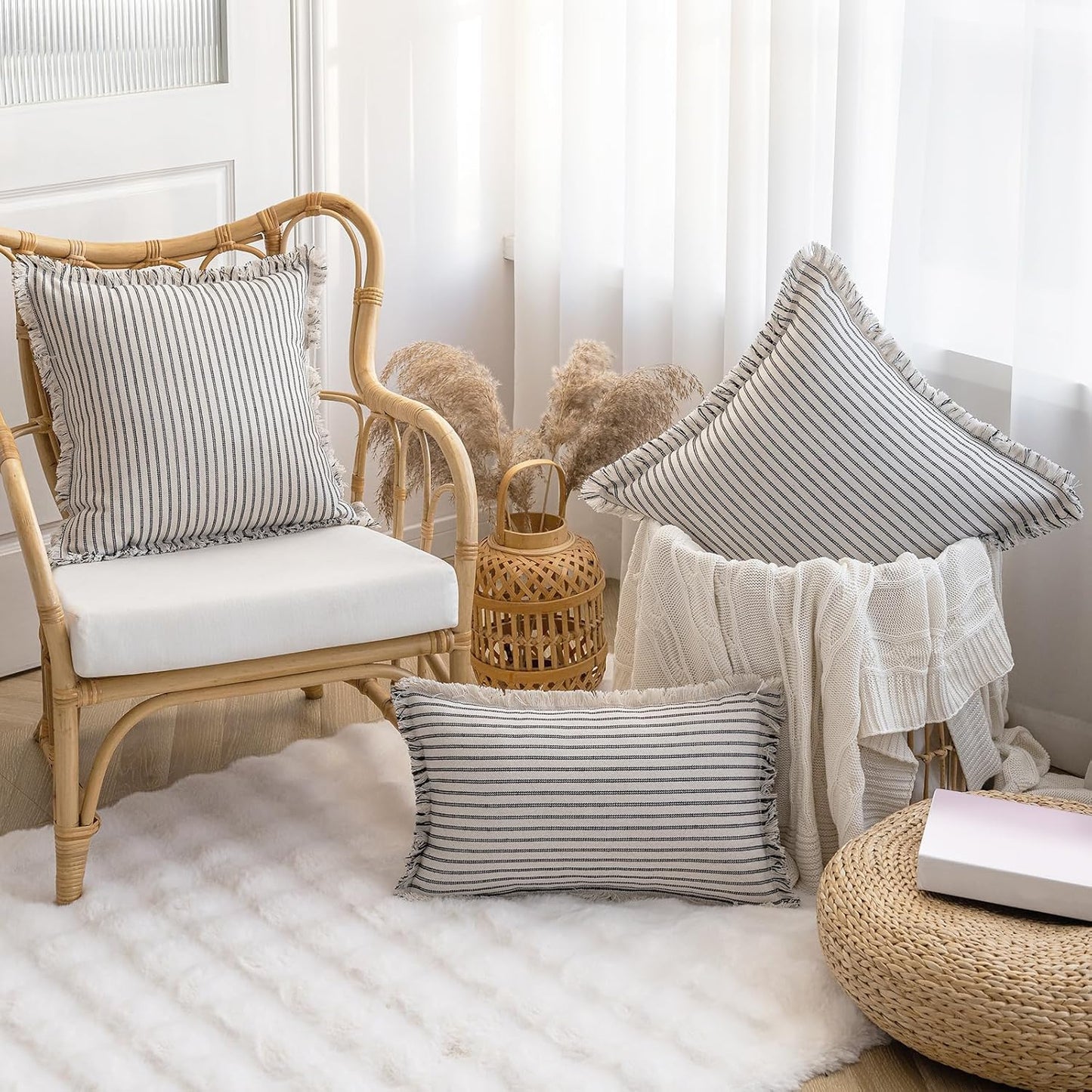 Throw Pillow Covers Striped Fringe Pillow Cover Farmhouse Cushion / Black / 24 x 24 / Set of 2