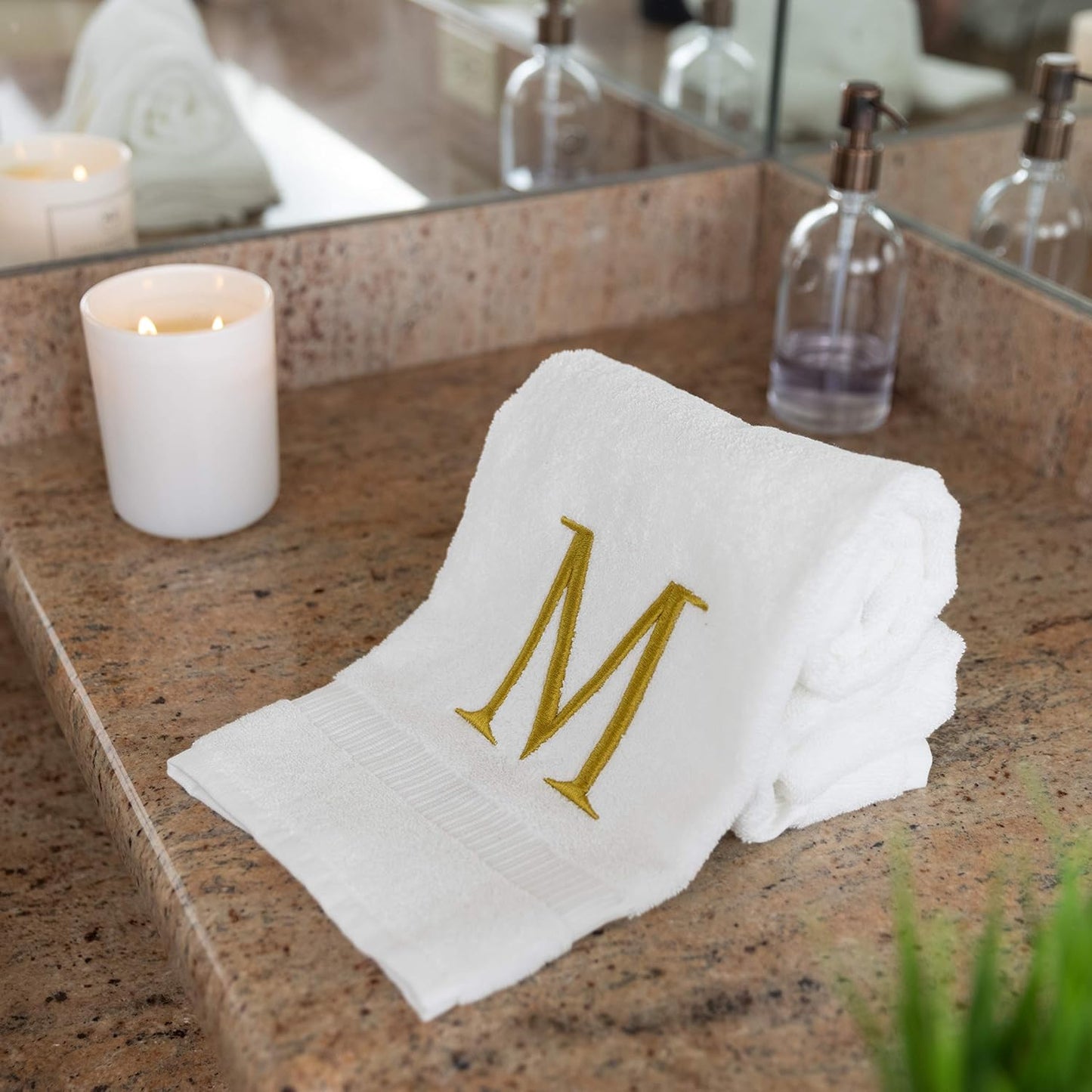 White with Gold Monogrammed Hand Towels for Bathroom - Set of 2 Letter M | Luxury Hotel Quality Initial Towels For