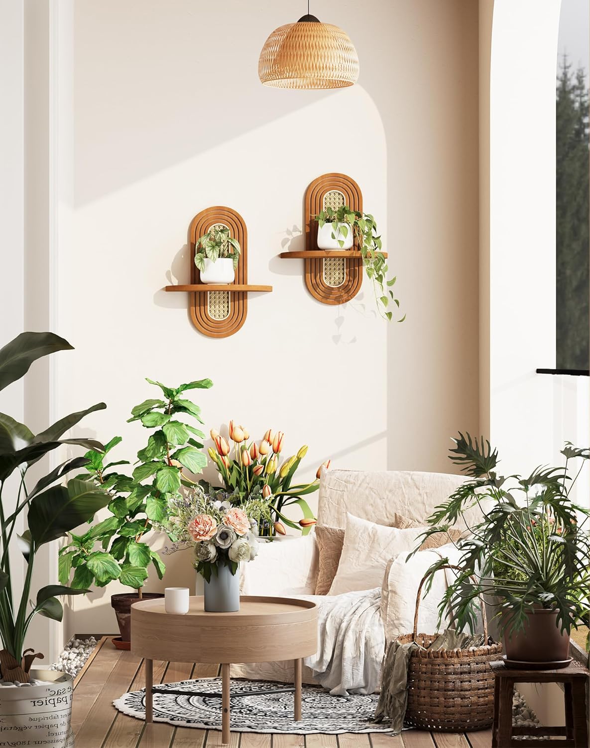 Floating Shelves / Rattan Plant Shelf / Walnut / Set of 2