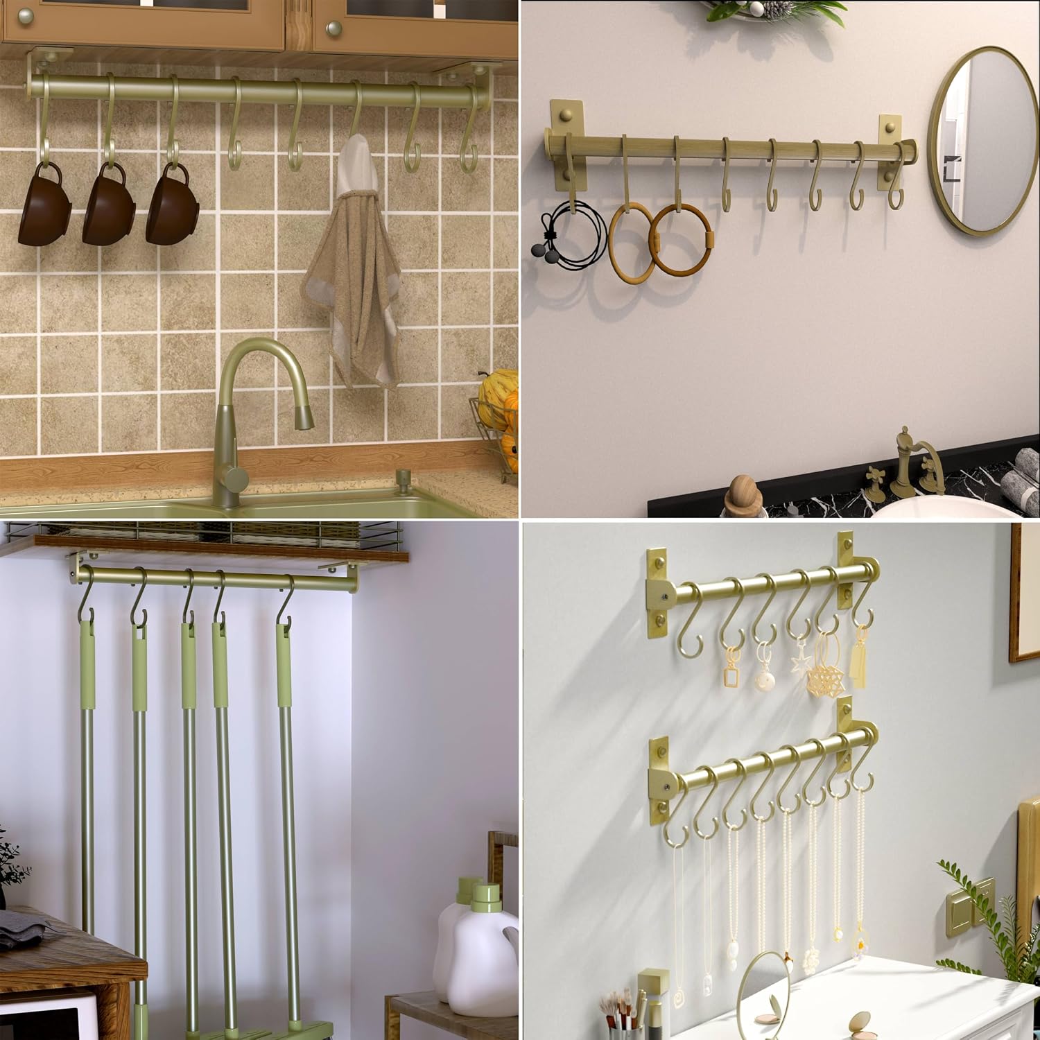 Kitchen Utensil Holder Hanger, Pot and Pan Rack Wall Mounted, Kitchen Rail with 8 Hooks for Hanging Cooking Utensils