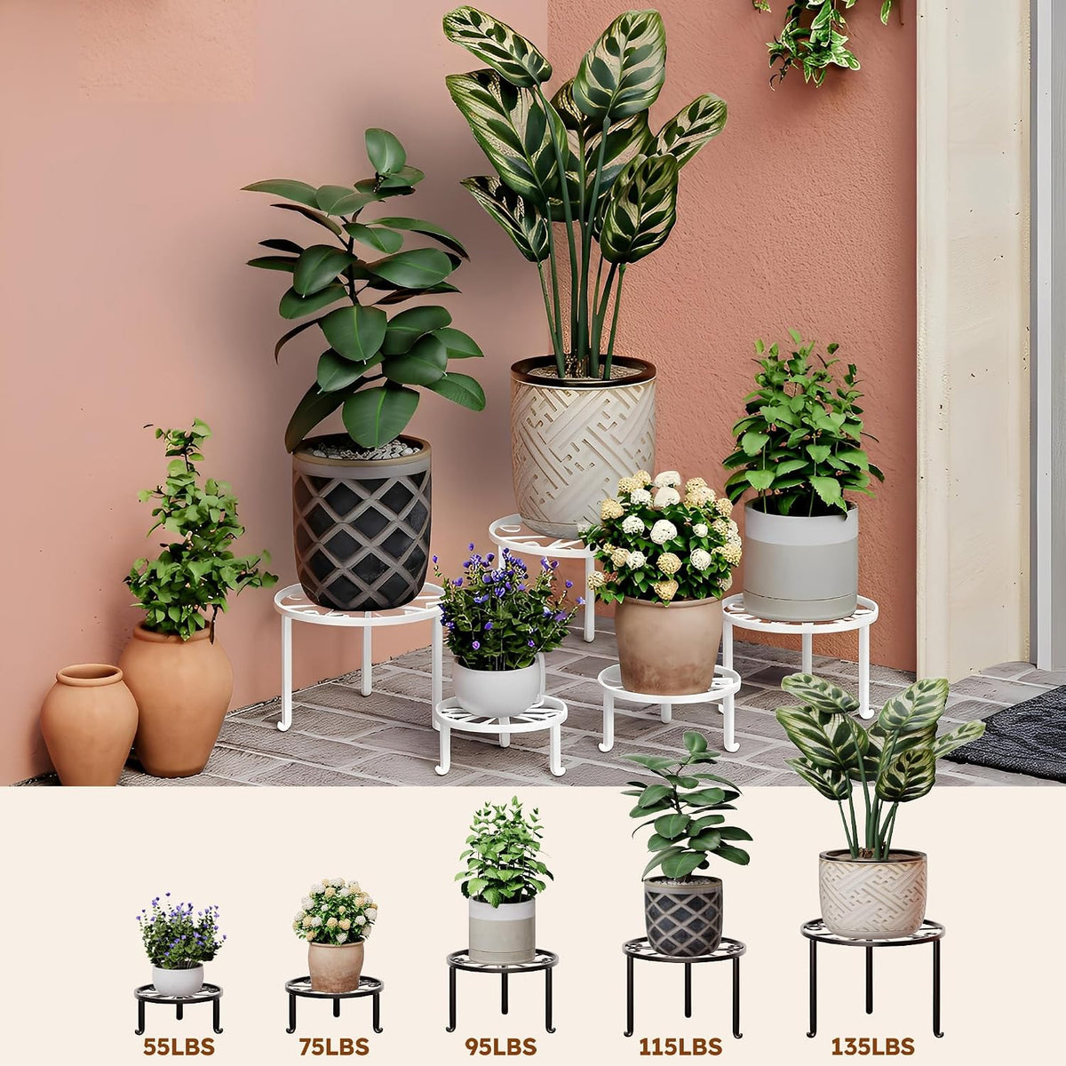 5-Pack Metal Plant Stand Outdoor, Heavy Duty Round Pot Holder Rack for Patio & Garden