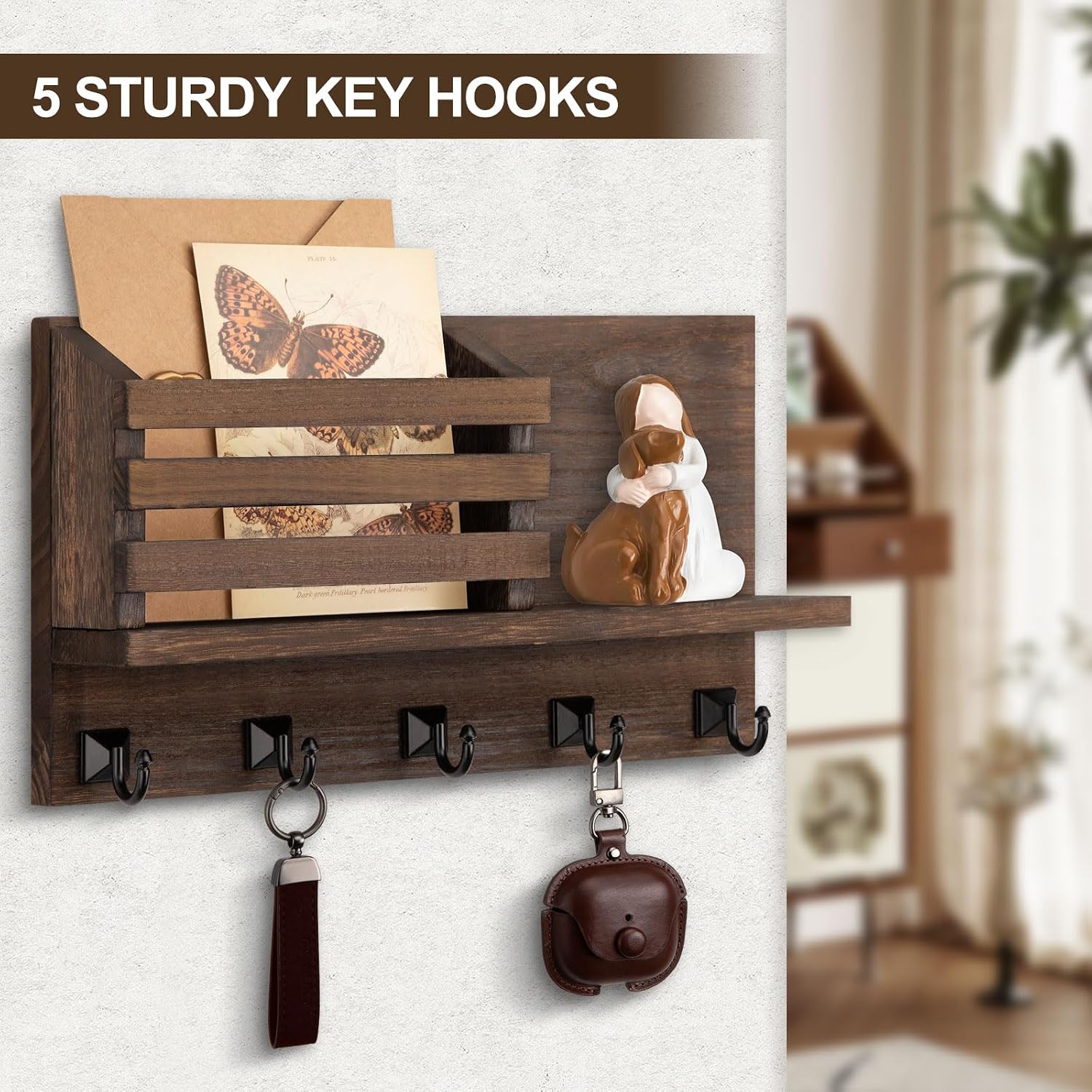 5 Square Rustic Key Hooks Key Shelf Farmhouse Home Decor / Brown