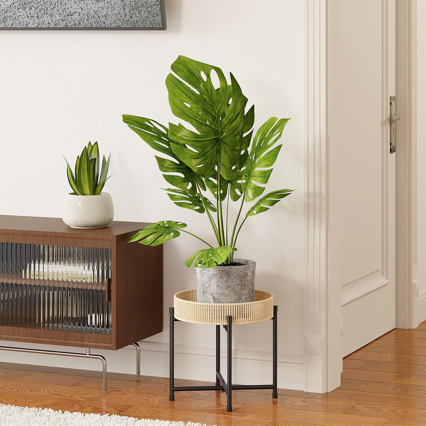 Bamworld Rattan Plant Stand Indoor Boho Plant Table for Large Plants Single Plant Stool Plant Holder for Living Room