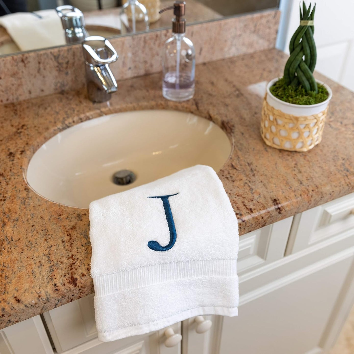 White with Navy Monogrammed Hand Towels for Bathroom - Set of 2 Letter J | Luxury Hotel Quality Initial Towels For