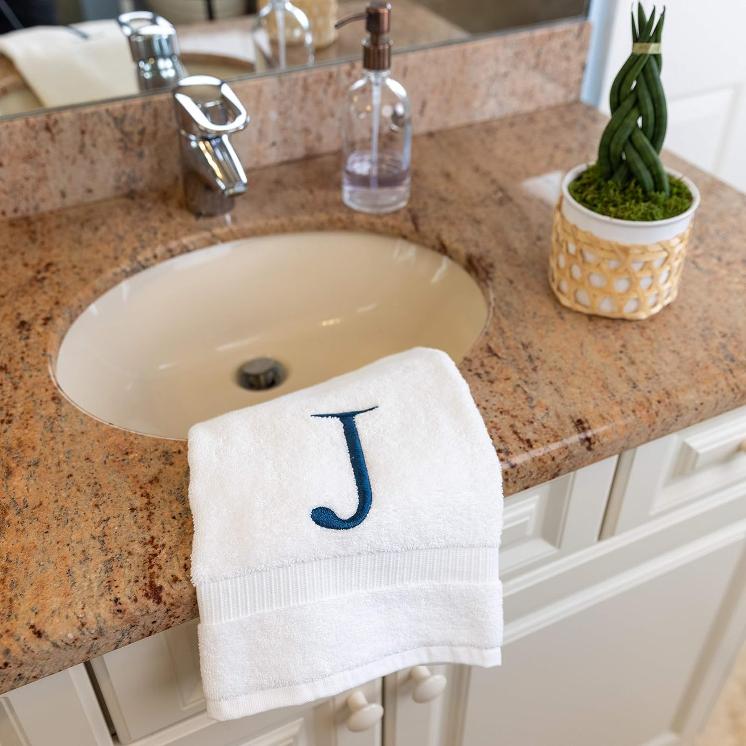 White with Navy Monogrammed Hand Towels for Bathroom - Set of 2 Letter J | Luxury Hotel Quality Initial Towels For