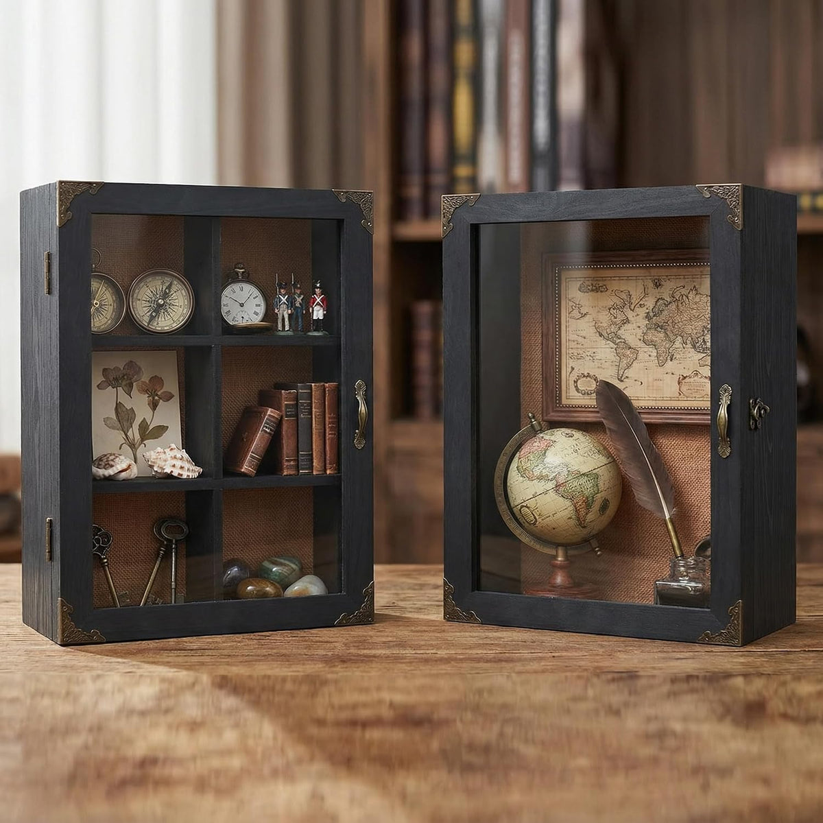 Shadow Box Frame 12x16, 4.7-inch Depth, Black Solid Wood Shadow Box Display Case with Removable 6-Grid Shelves, Vintage