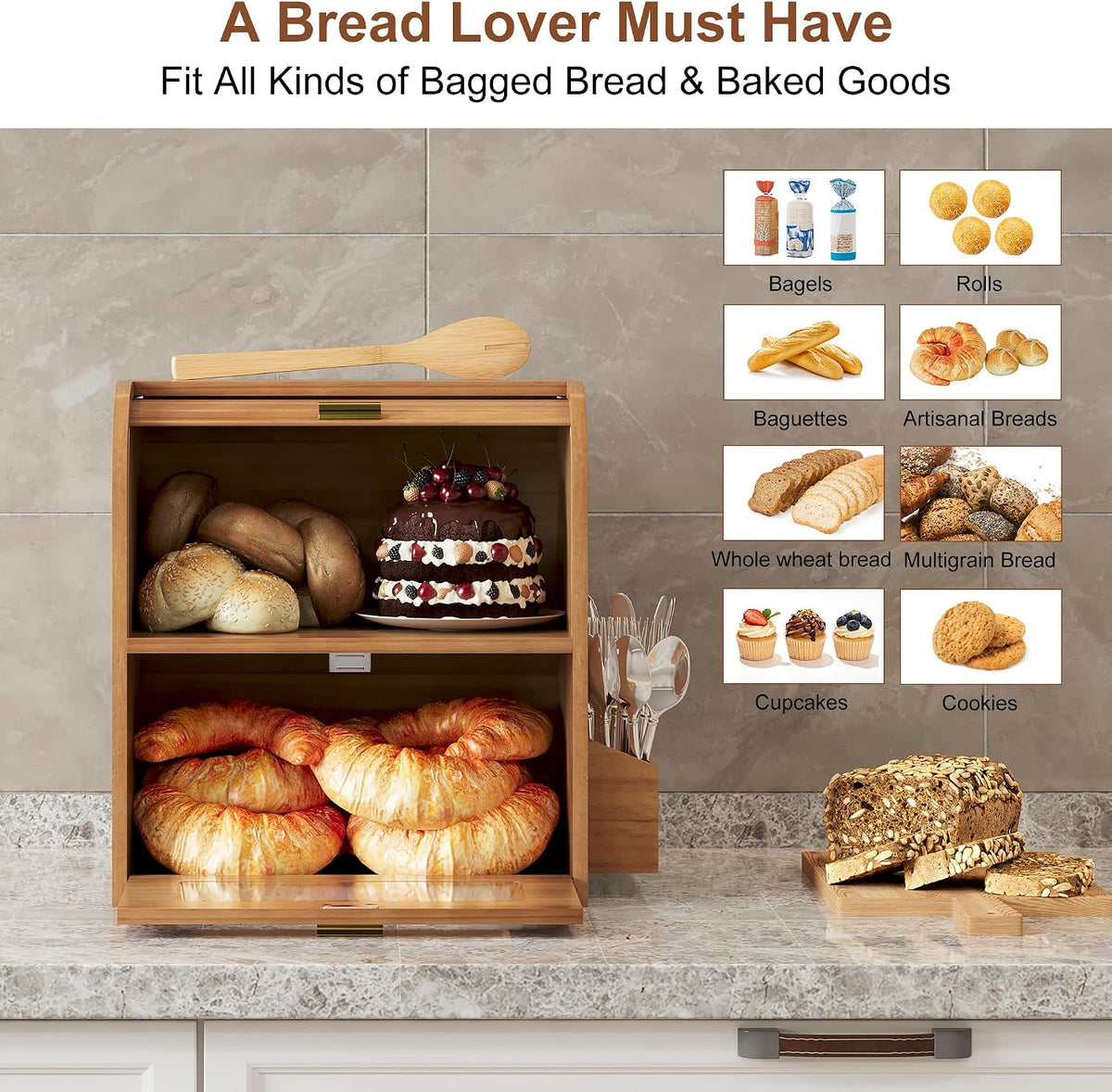 TQVAI Roll Top Bread Box for Kitchen Countertop, Keep Fresh Longer, Easy to Maintenance, Double Layer Vintage Wooden